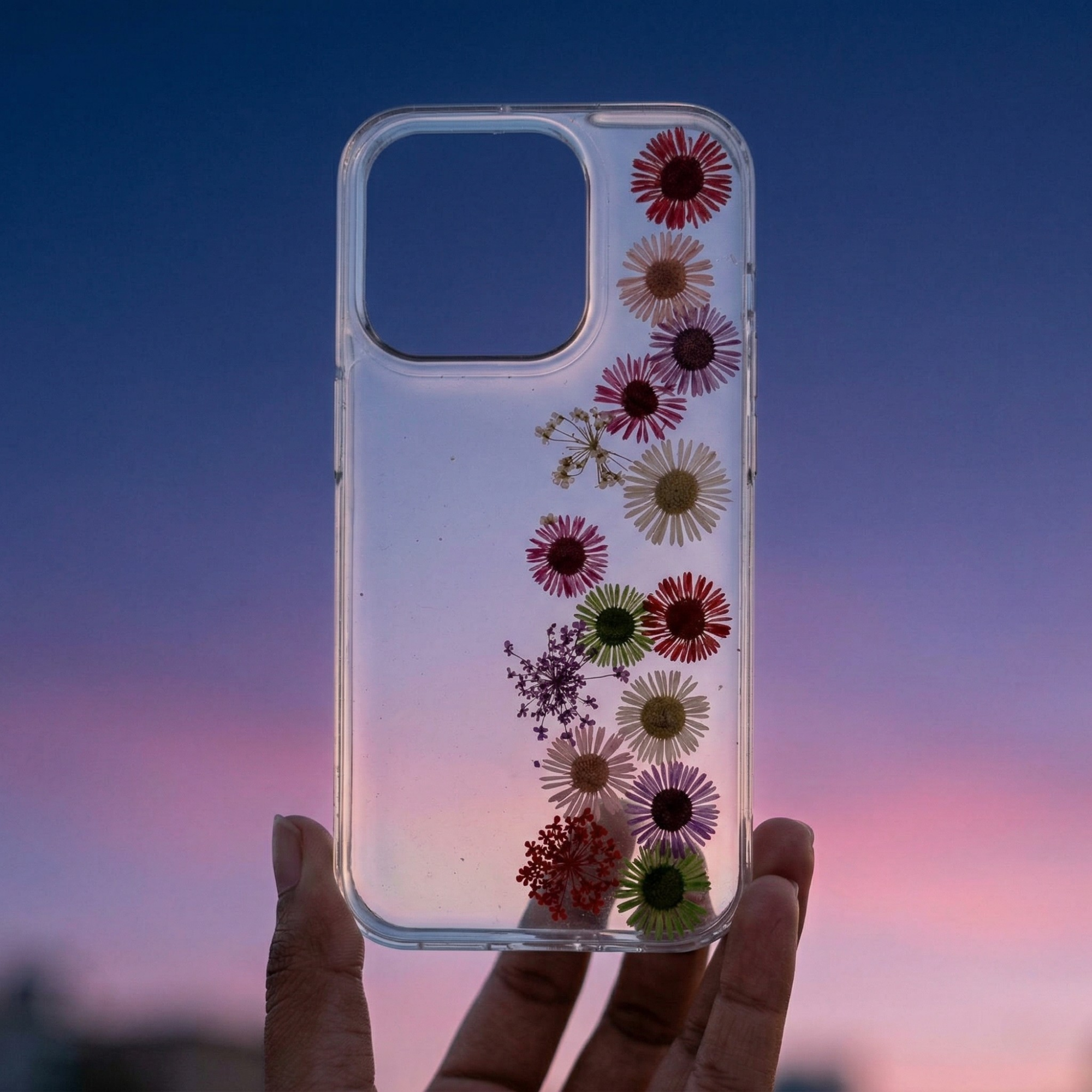 Pressed Flower Phone Case | Rainbow Asters in a Full Length Straight Bloom with Baby's Breath in Resin | Straight Bloom | Case 10