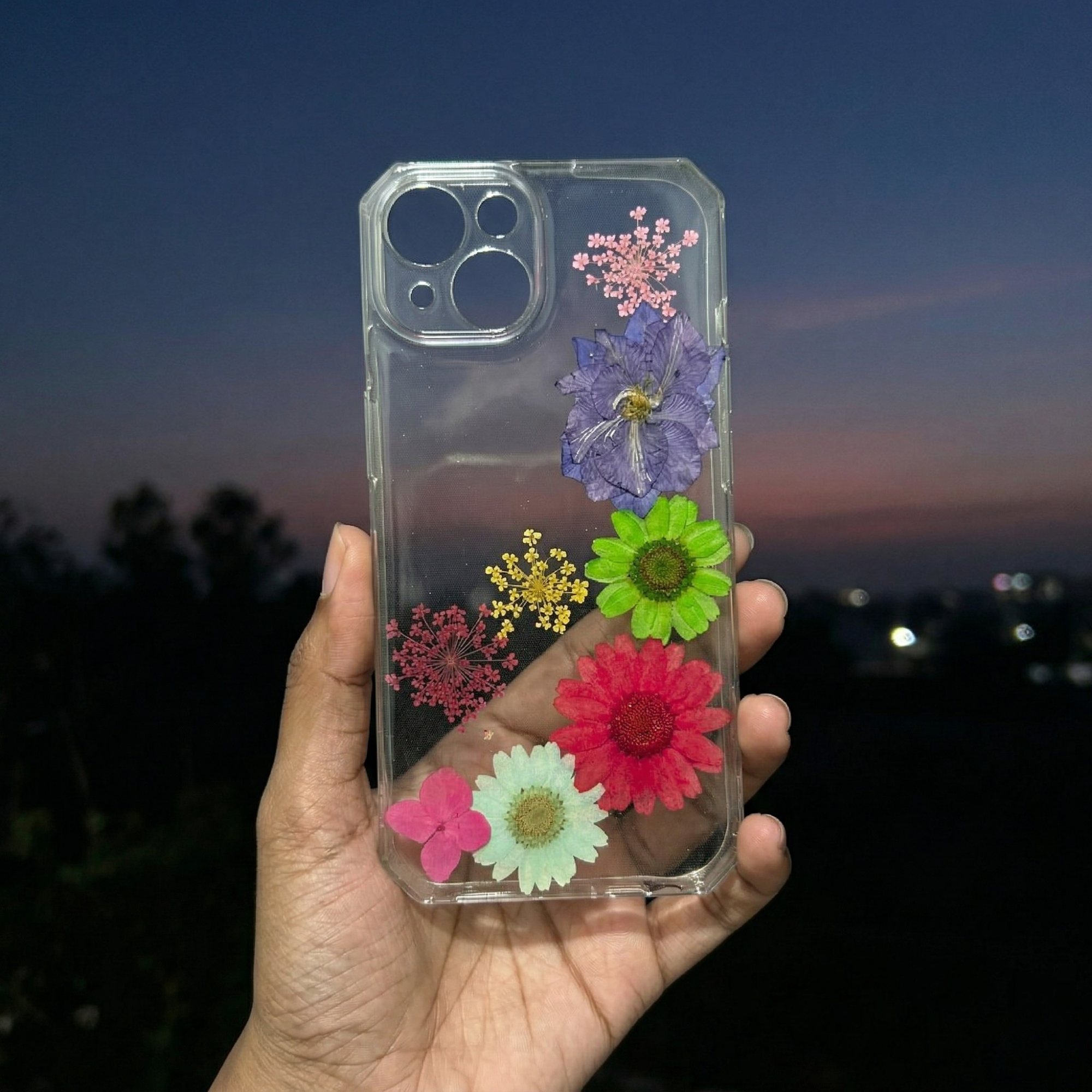 Pressed Flower Phone Case | Purple, Green, Red & White Daisies with Colorful Baby's Breath in Resin | Right Bloom | Case 11