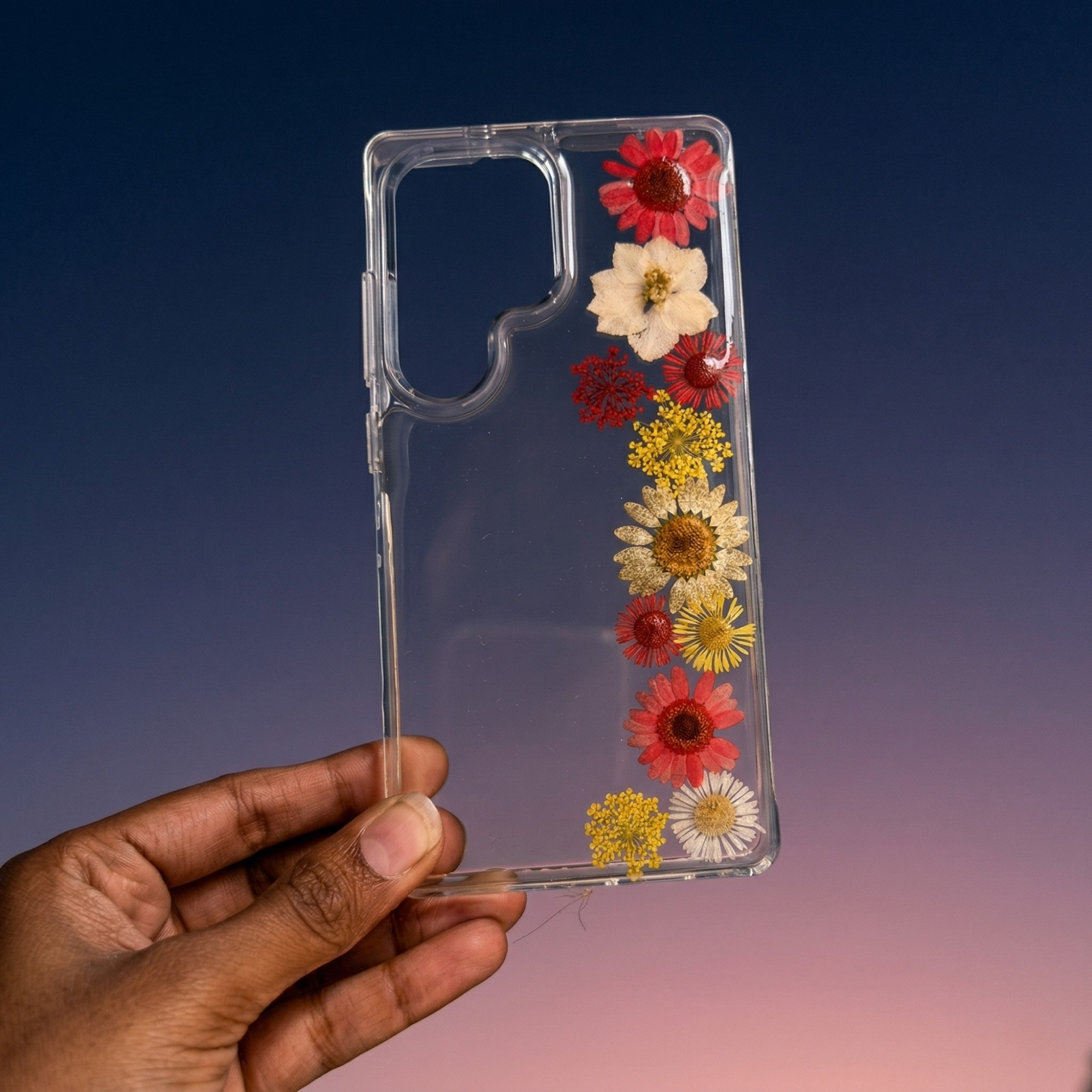 Pressed Flower Phone Case | Red & White Daisies with Yellow Baby's Breath in Resin | Straight Bloom | Case 12