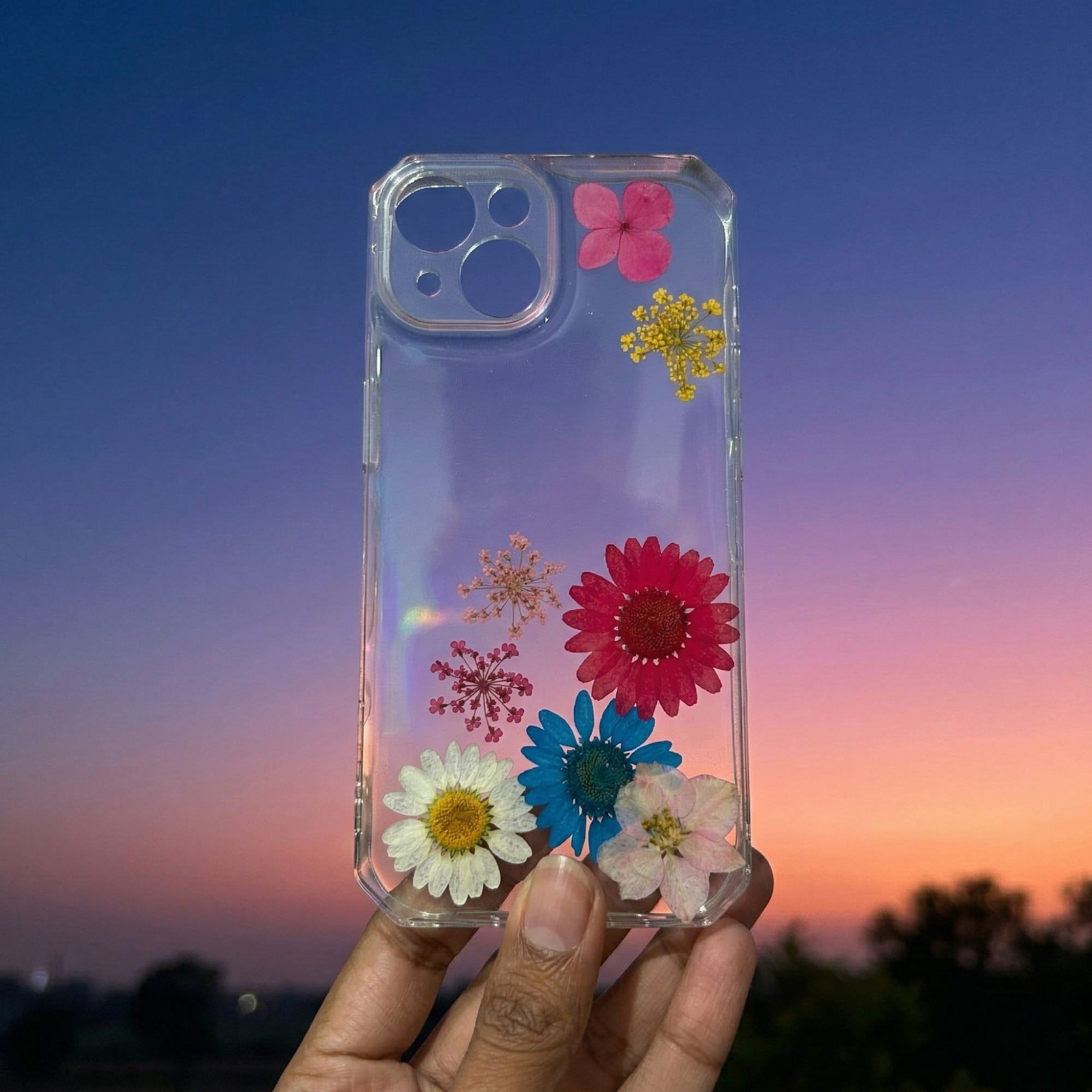 Pressed Flower Phone Case | Red, Teal & White Daisies with Pink Hydrangea & Baby's Breath in Resin | Right Bloom | Case 13