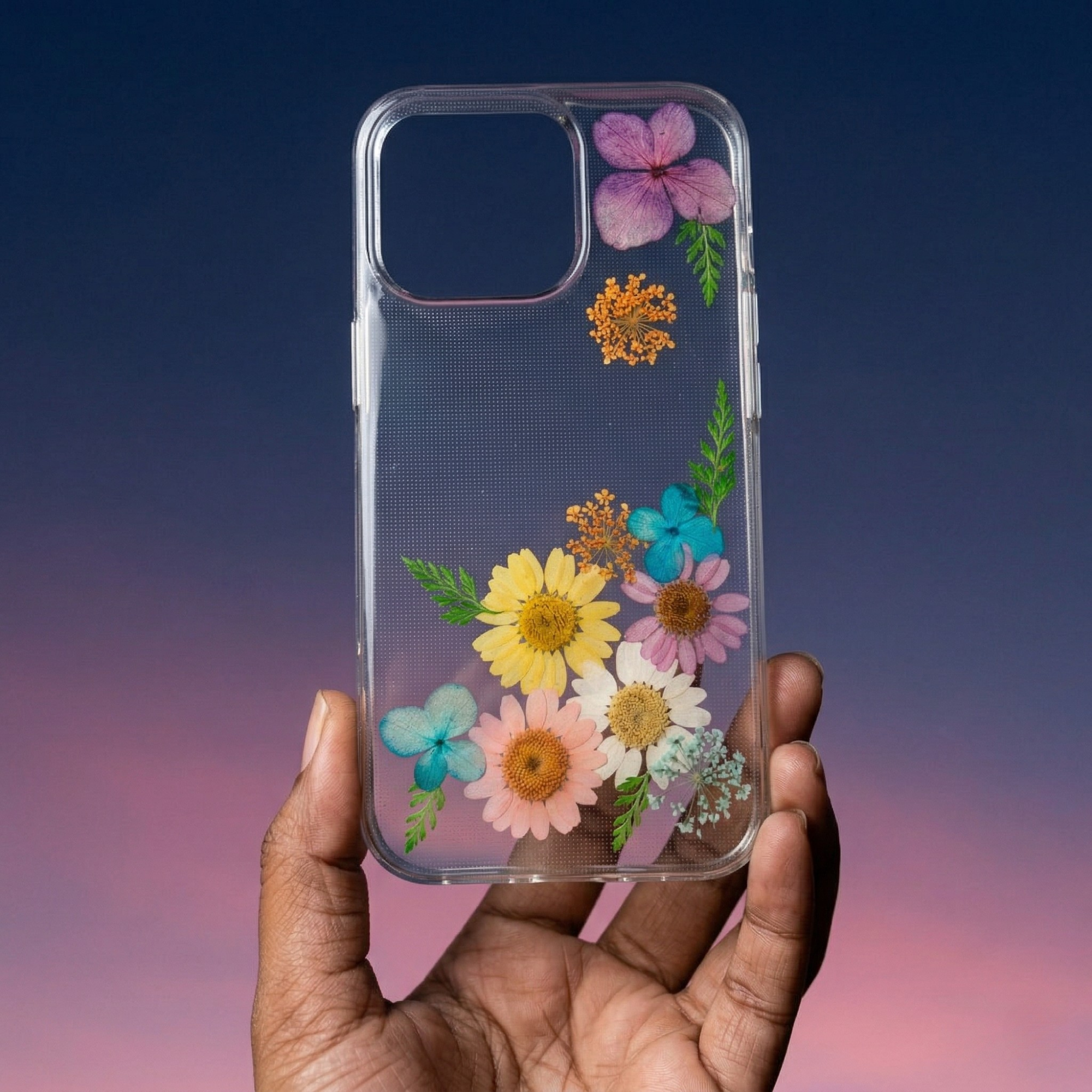 Pressed Flower Phone Case | Yellow, Pink & Teal Mixed Flowers with Green Ferns in Resin | Right Bloom | Case 14