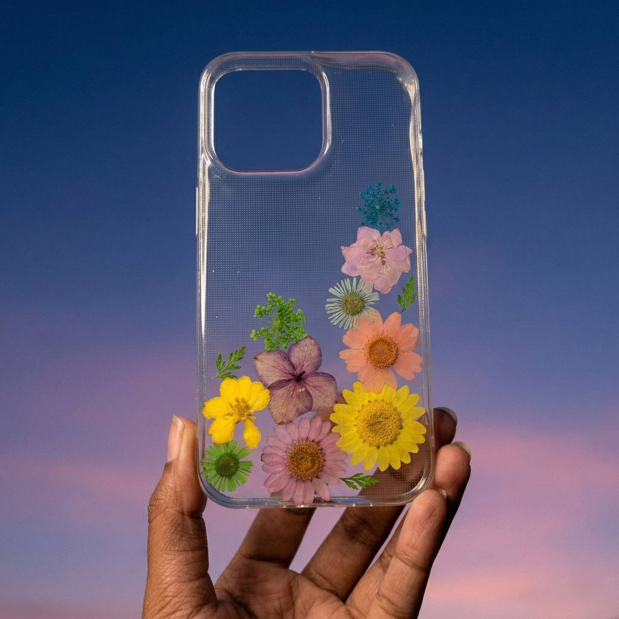 Pressed Flower Phone Case | Yellow, Peach & Purple Mixed Flowers with Green Ferns in Resin | Right Bloom | Case 17