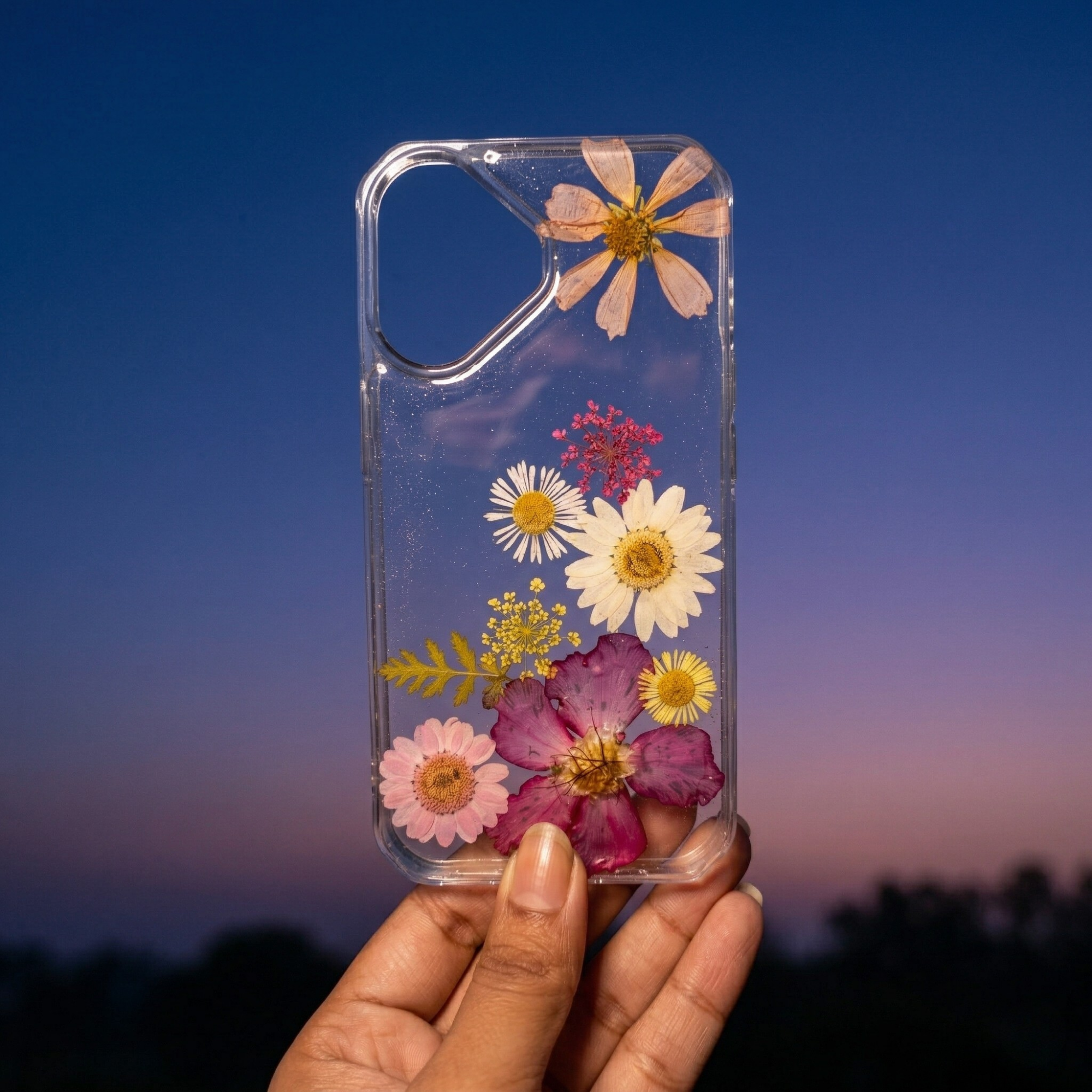 Pressed Flower Phone Case | Peach, Pink & Burgundy Mixed Flowers with Dried Ferns in Resin | Right Bloom | Case 1