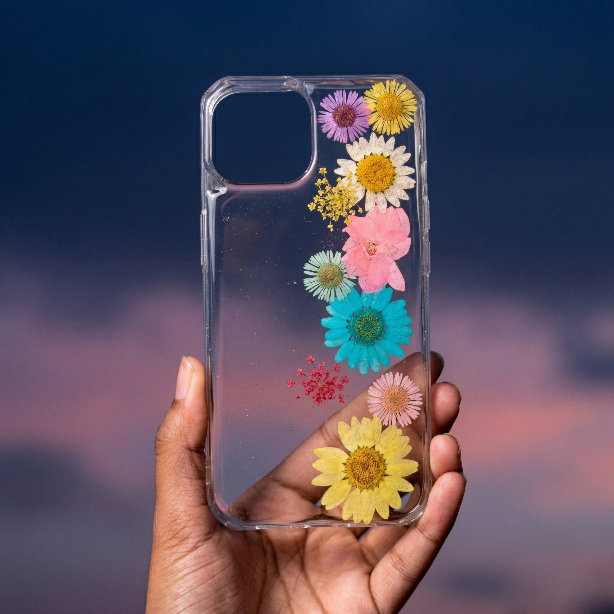 Pressed Flower Phone Case | Rainbow Daisies & Pink Wildflower in a Straight Bloom Resin | Straight Bloom | Case 1