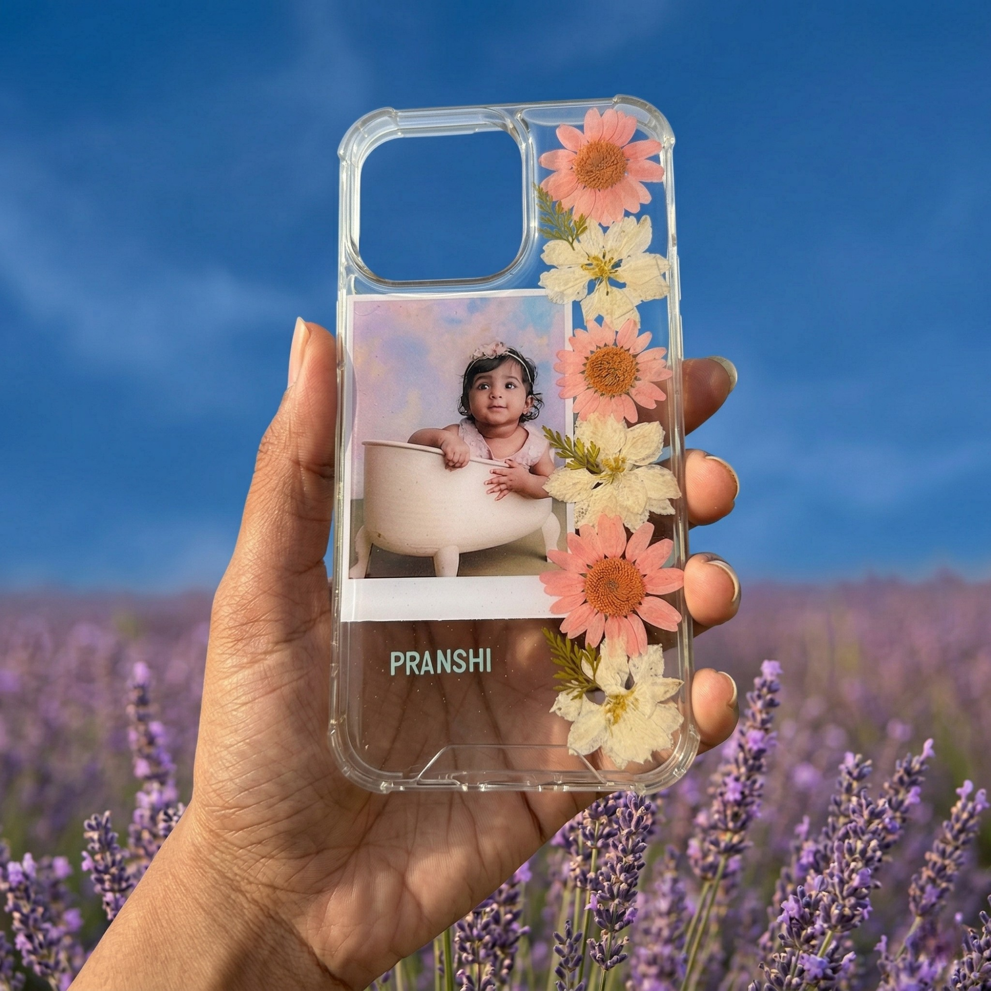 Personalized Pressed Flower Phone Case with Polaroid Photo | Real Dried Flowers in Resin | Custom Name | Case 1
