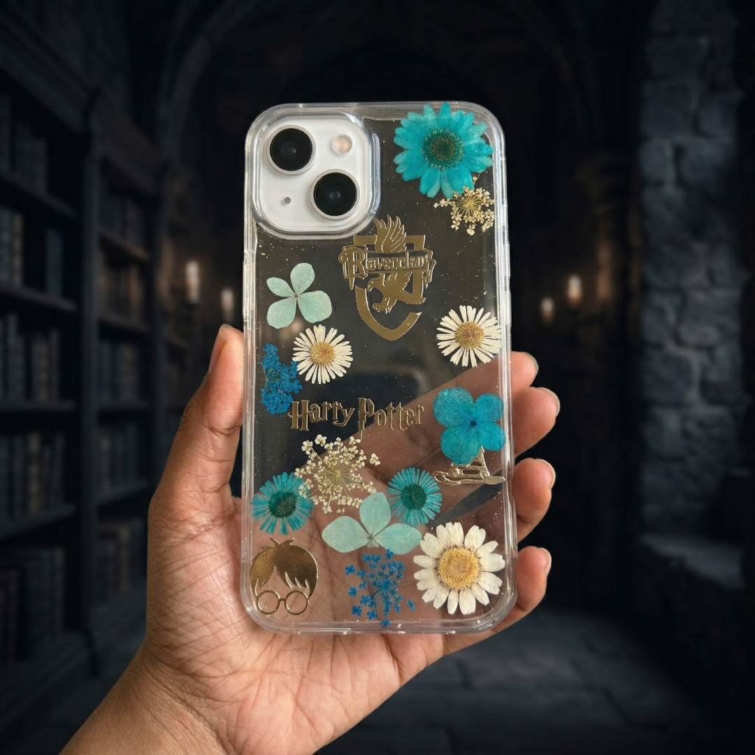 Pressed Flower Phone Case | Harry Potter Ravenclaw | Teal & White Flowers with Gold Wizard Charms in Resin | Case 1