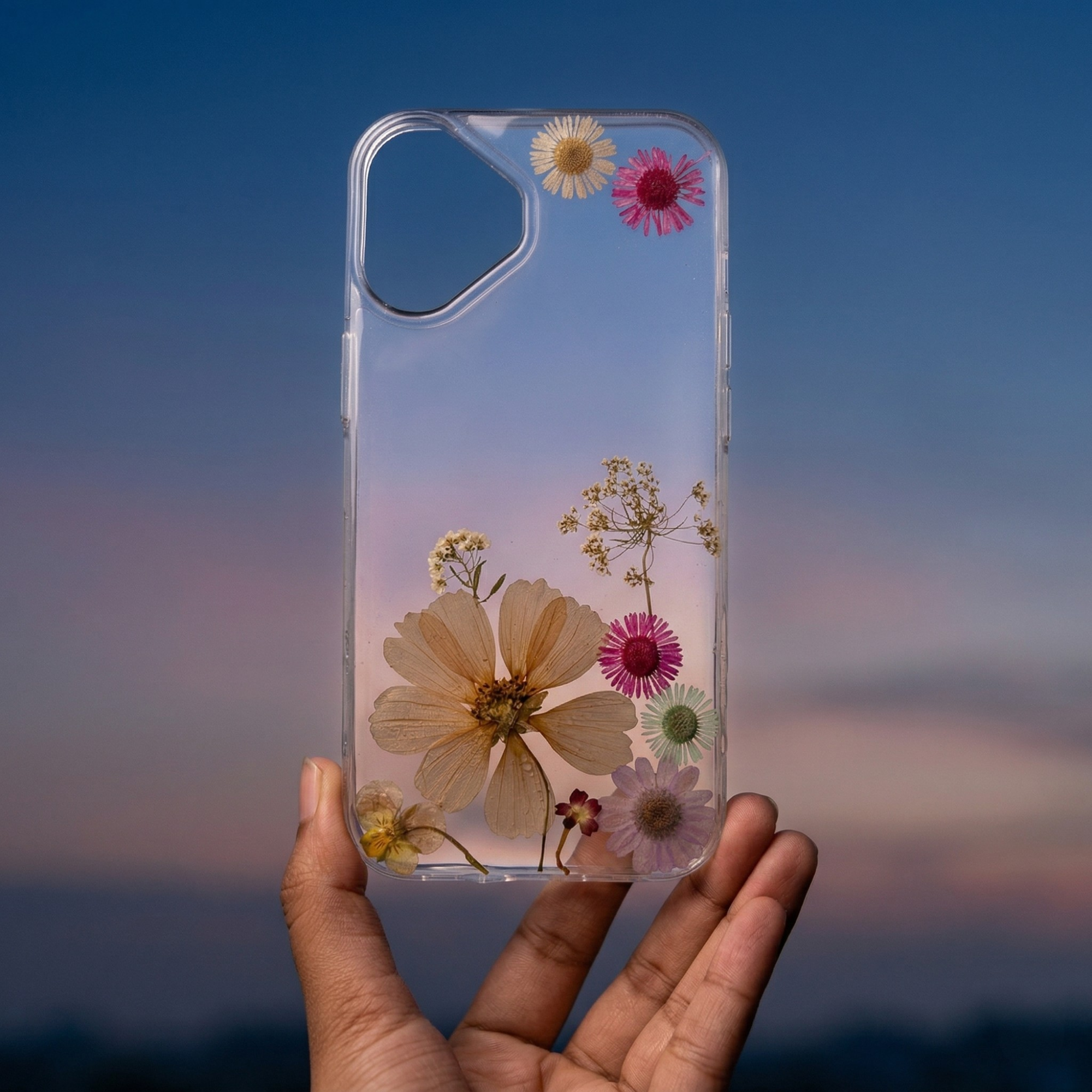 Pressed Flower Phone Case | Peach Cosmos, Hot Pink & Mint Daisies with White Baby's Breath in Resin | Right Bloom | Case 20