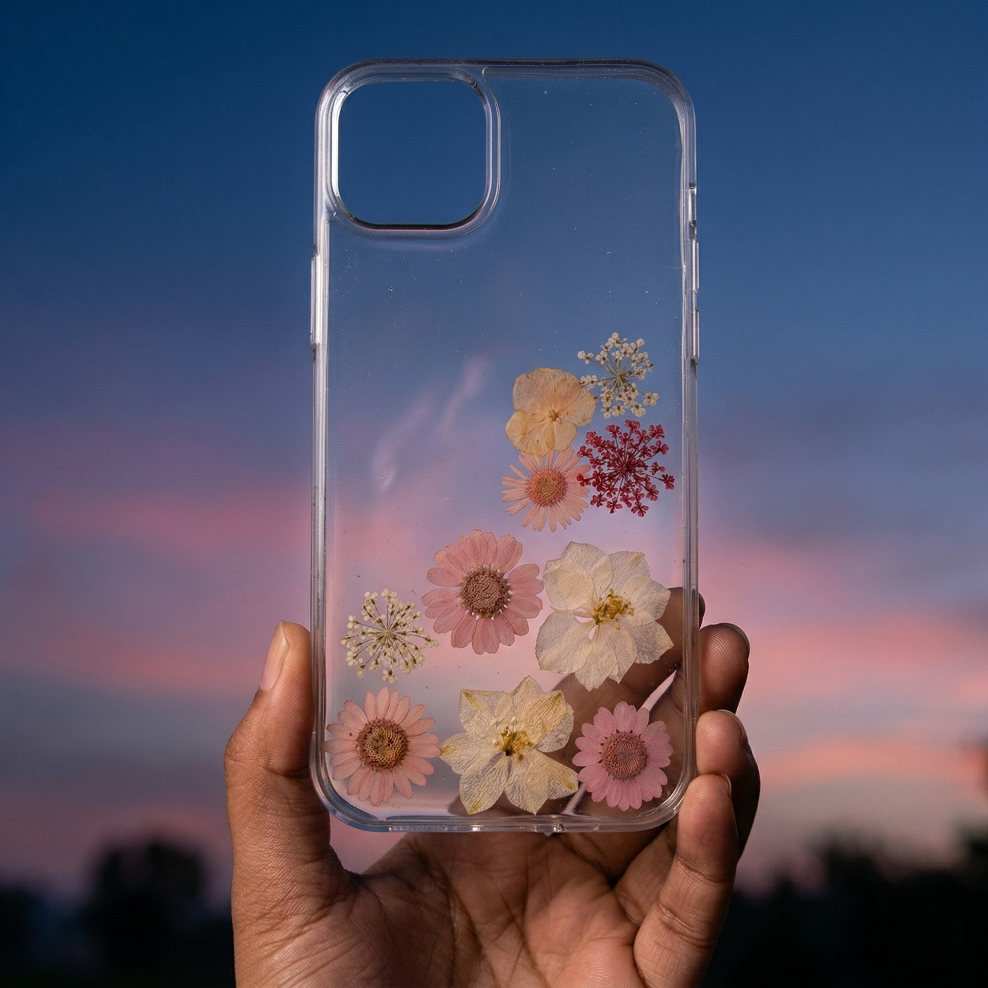 Pressed Flower Phone Case | Pink Daisies & White Clematis with Red & White Baby's Breath in Resin | Right Bloom | Case 22