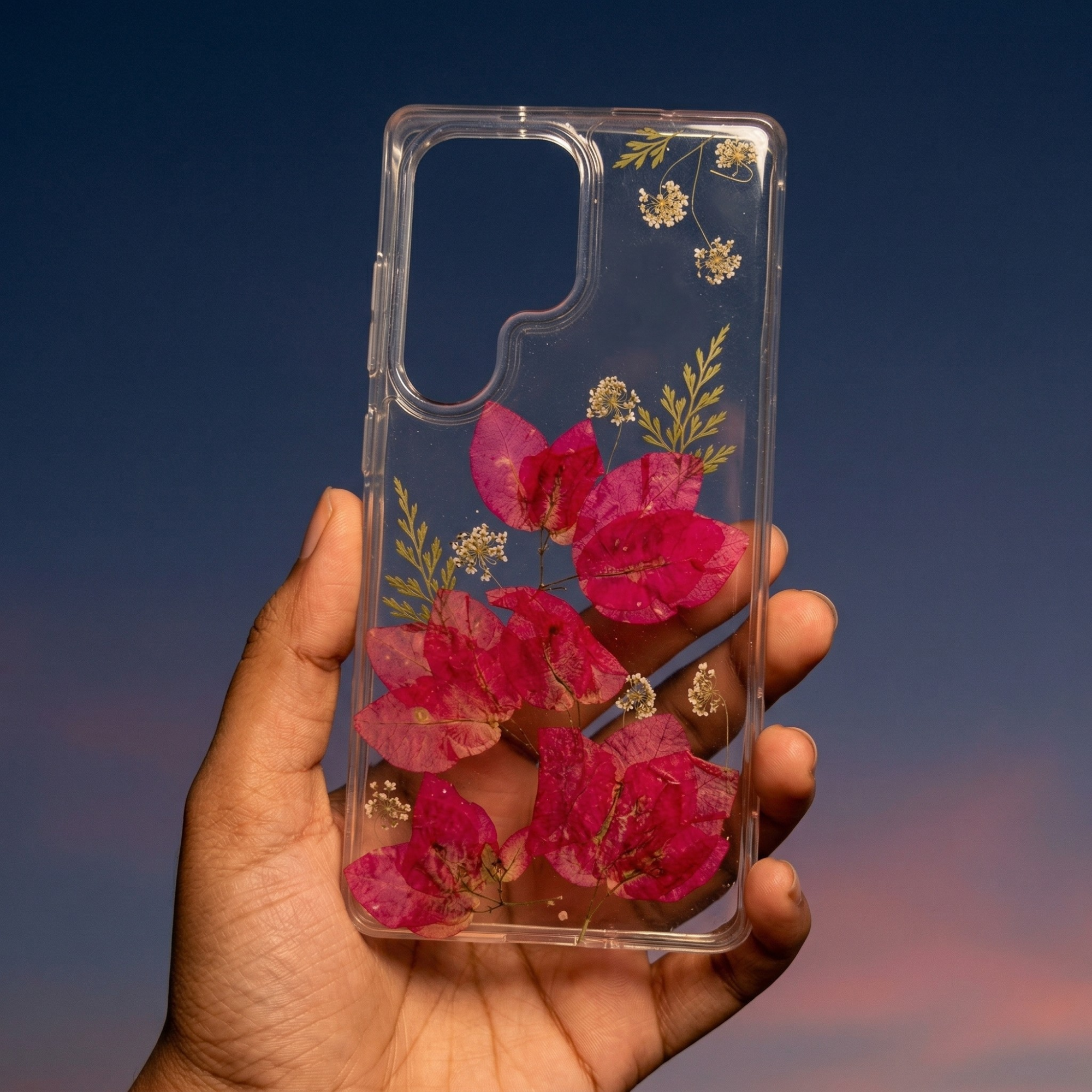 Pressed Flower Phone Case | Magenta Bougainvillea with White Baby's Breath & Golden Ferns in Resin | Right Bloom | Case 23