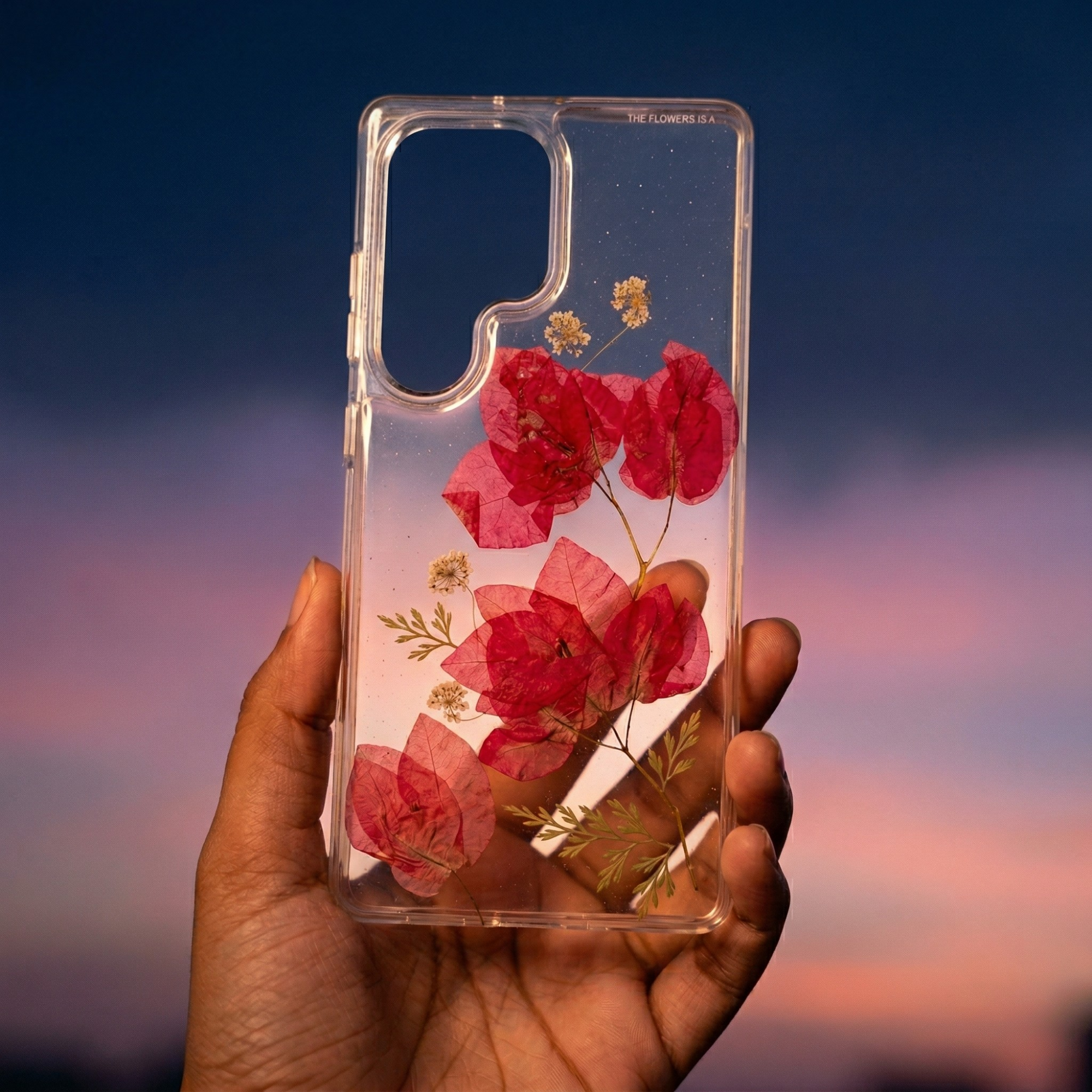 Pressed Flower Phone Case | Red Bougainvillea with White Baby's Breath & Golden Ferns in Resin | Right Bloom | Case 24