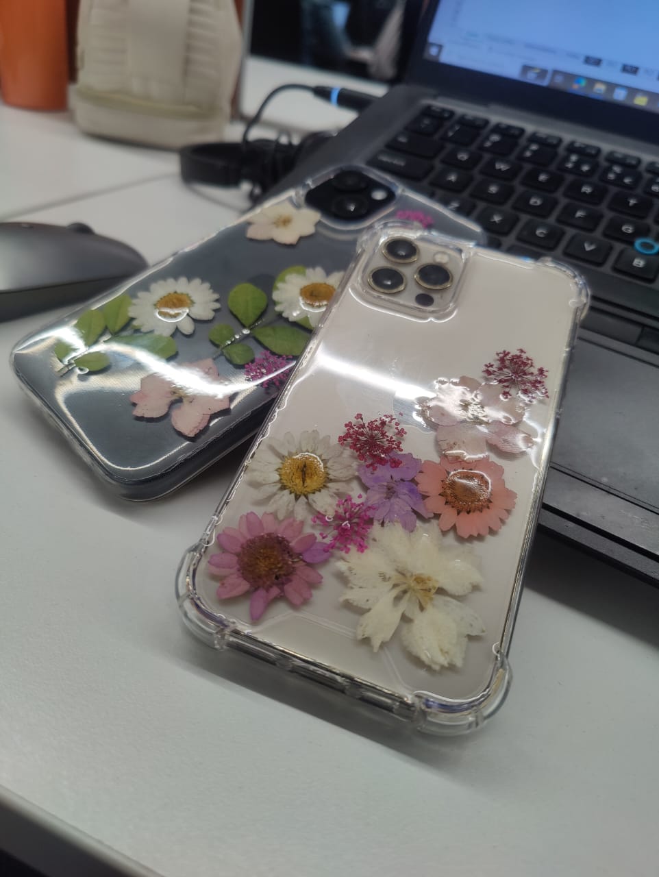 Pressed Flower Phone Case | Pink Daisies & White Wildflowers with Golden Ferns in Resin | Right Bloom | Case 4