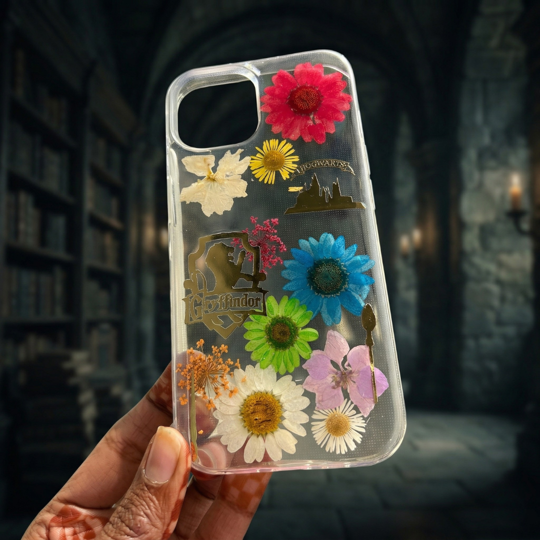 Pressed Flower Phone Case | Harry Potter Gryffindor | Rainbow Mixed Flowers with Gold Hogwarts Charm in Resin | Case 2