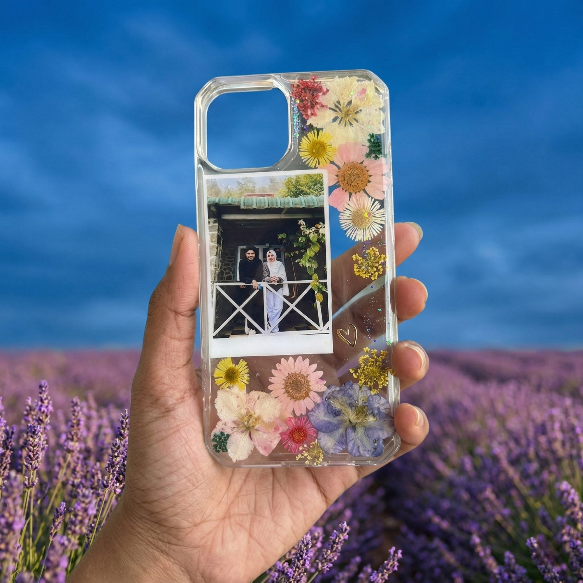 Personalized Pressed Flower Phone Case with Polaroid Photo | Real Dried Flowers in Resin | Custom Name | Case 2