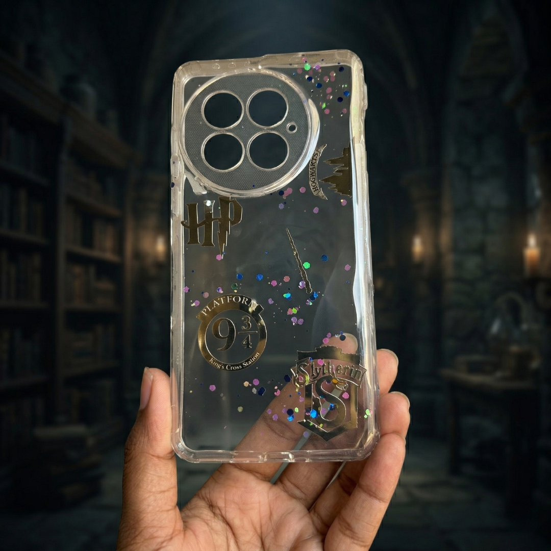 Pressed Flower Phone Case | Harry Potter Slytherin | Platform 9¾ & Gold Wizard Charms with Holographic Glitter in Resin | Case 3