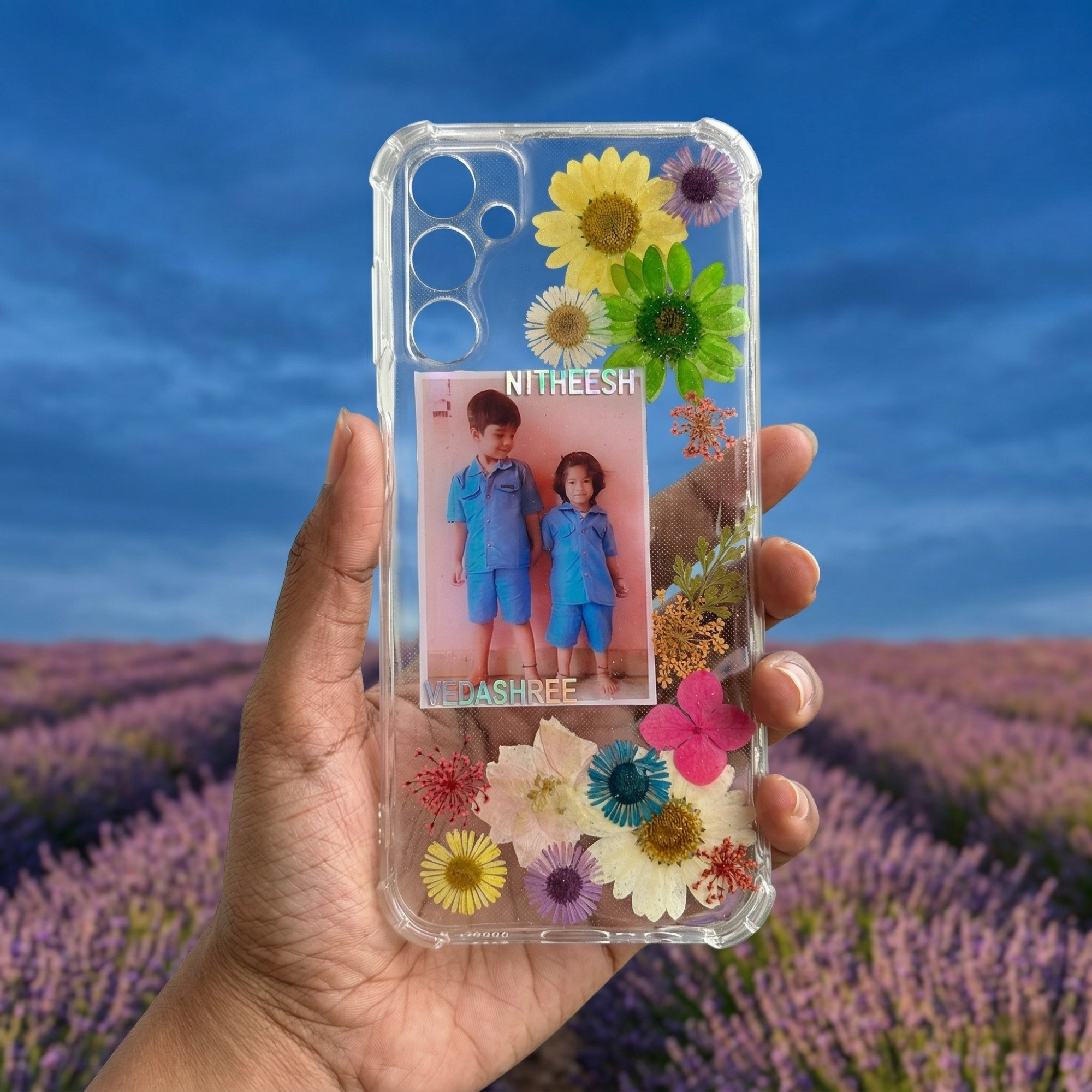 Personalized Pressed Flower Phone Case with Polaroid Photo | Real Dried Flowers in Resin | Custom Name | Case 3