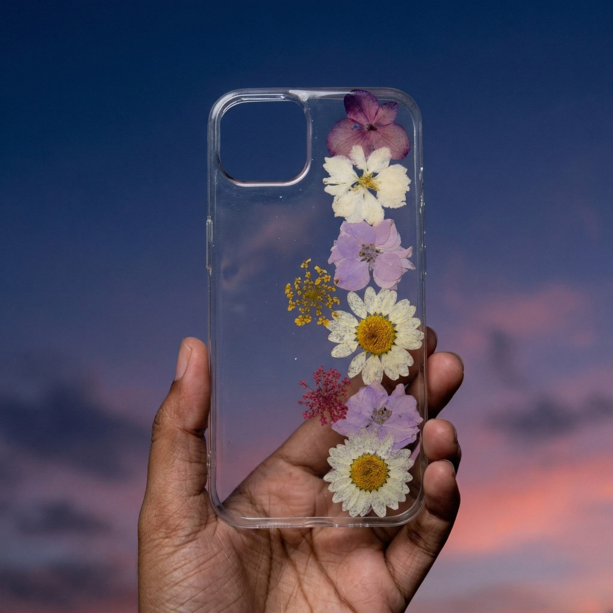 Pressed Flower Phone Case | Purple Hydrangea, White Daisies & Lavender Wildflowers in Resin | Straight Bloom | Case 3