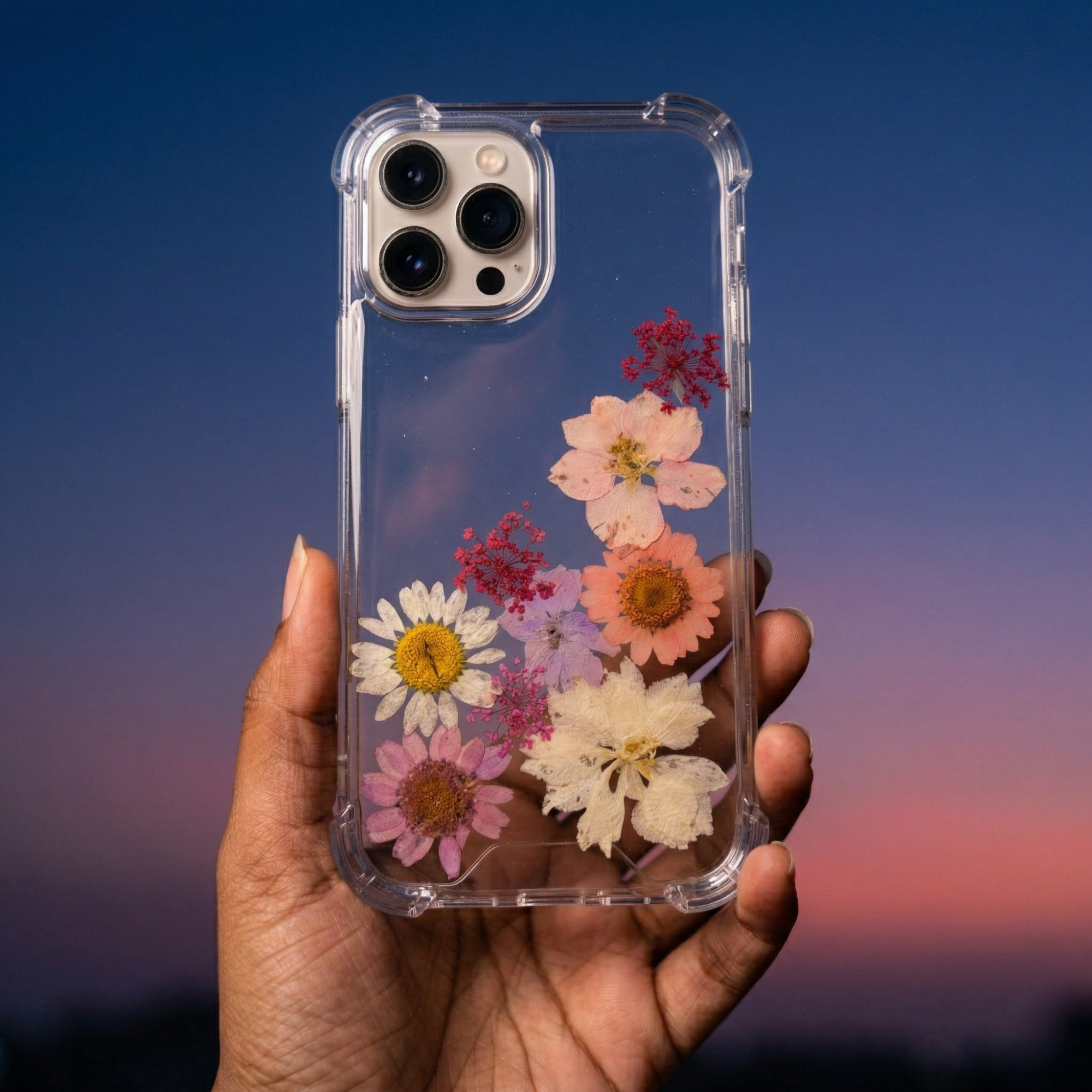 Pressed Flower Phone Case | Pink Daisies & White Wildflowers with Golden Ferns in Resin | Right Bloom | Case 4