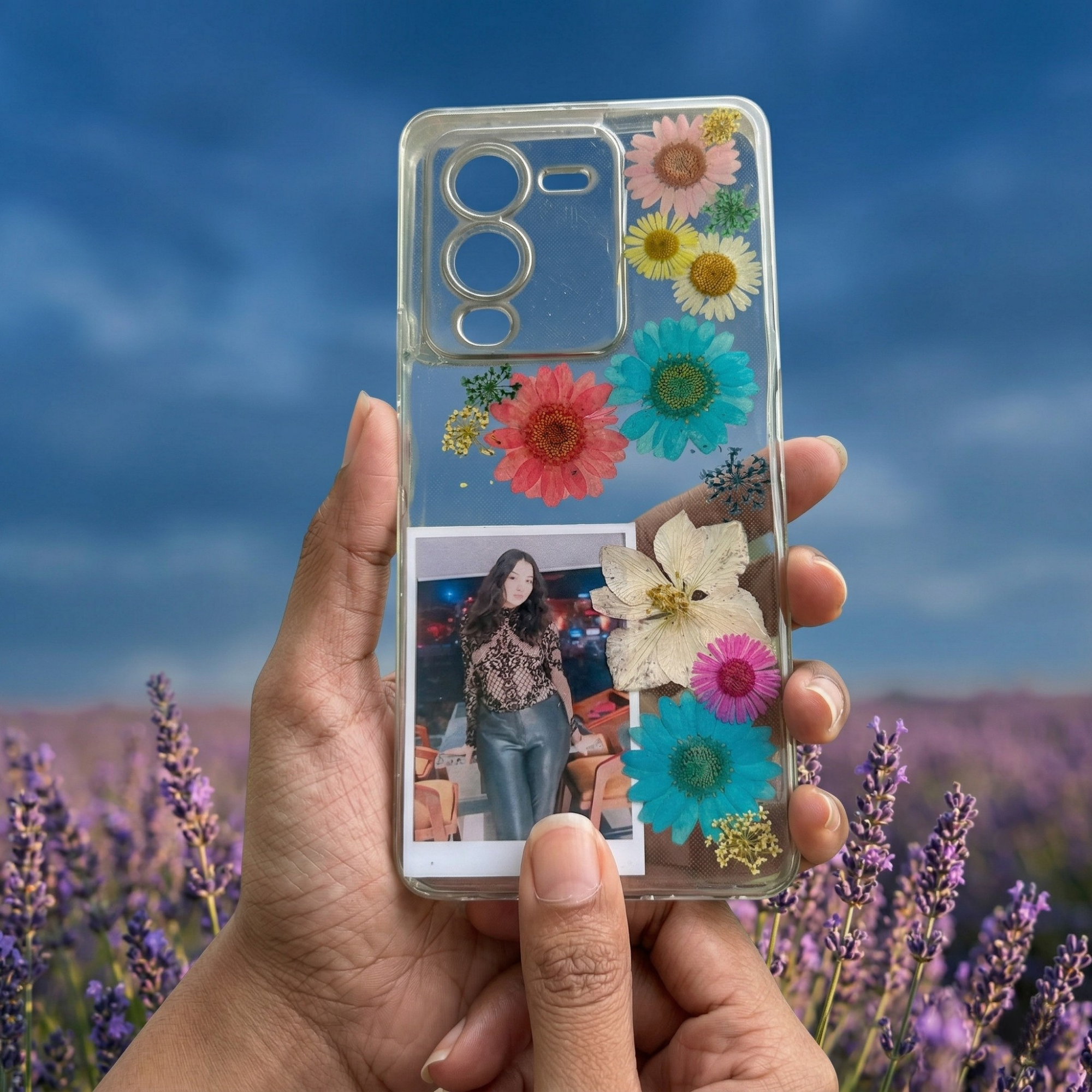 Personalized Pressed Flower Phone Case with Polaroid Photo | Real Dried Flowers in Resin | Custom Name | Case 4
