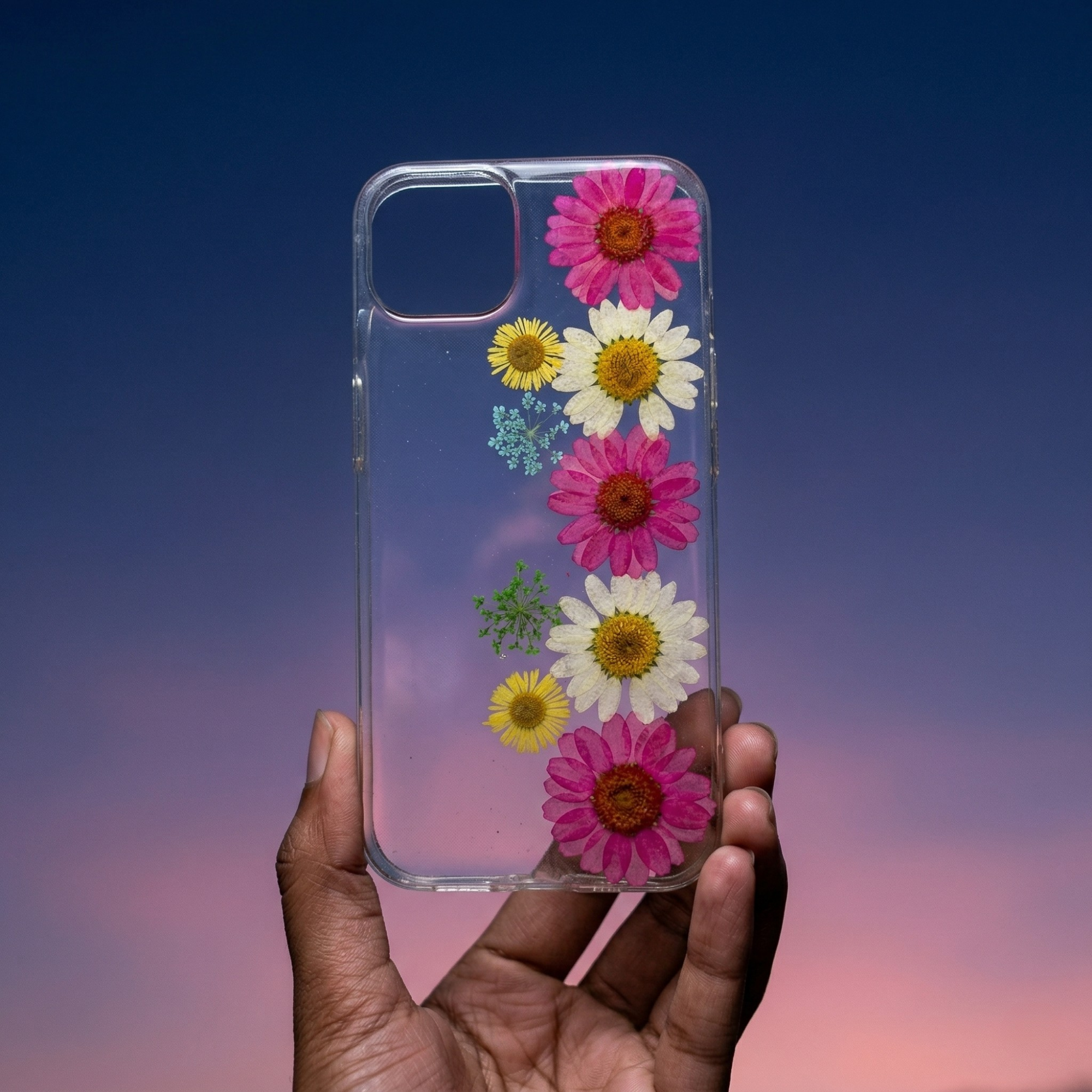 Pressed Flower Phone Case | Hot Pink & White Daisies with Yellow & Teal Baby's Breath in Resin | Straight Bloom | Case 4
