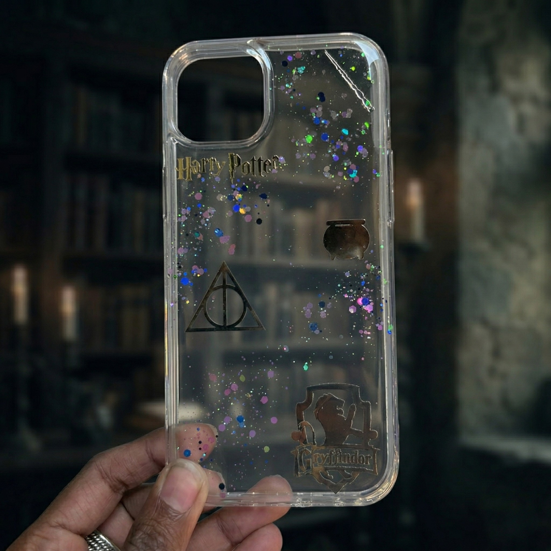Pressed Flower Phone Case | Harry Potter Gryffindor | Deathly Hallows & Gold Wizard Charms with Holographic Glitter in Resin | Case 4
