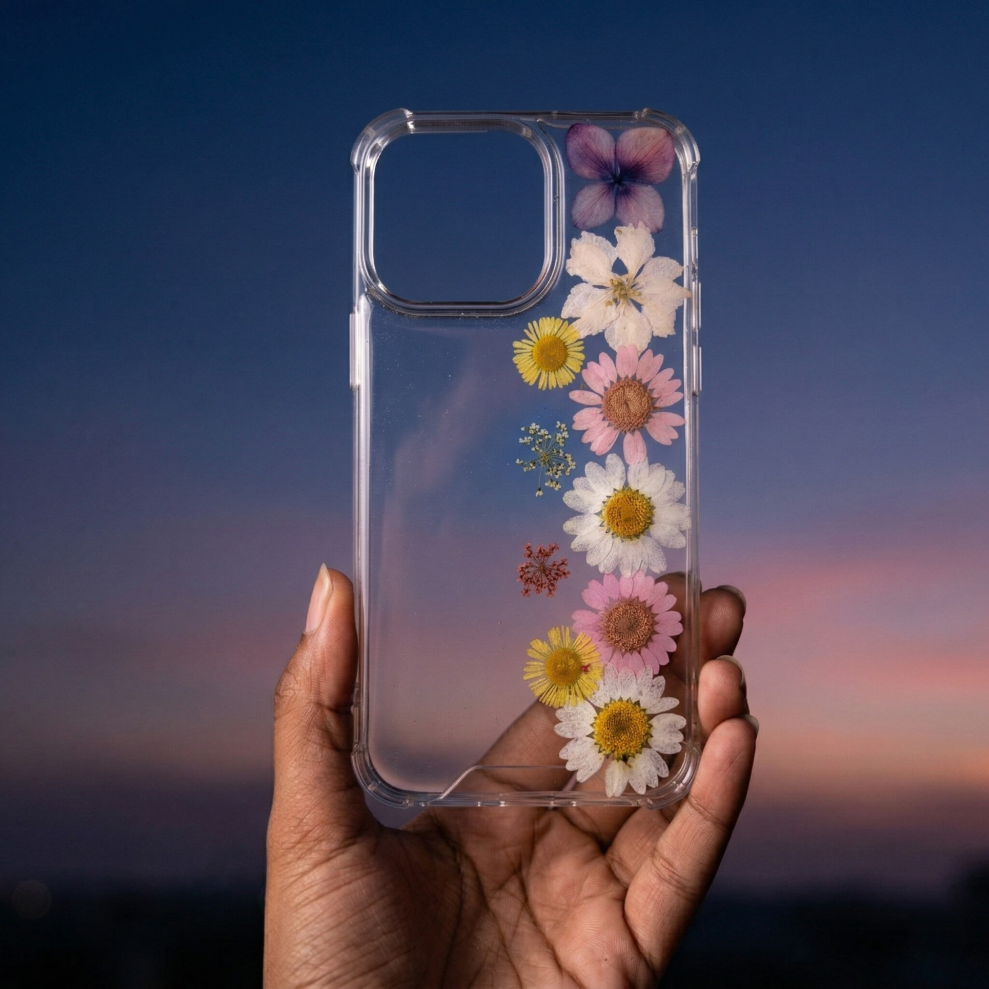 Pressed Flower Phone Case | Purple Pansy, White & Pink Daisies with Yellow Wildflowers in Resin | Straight Bloom | Case 5