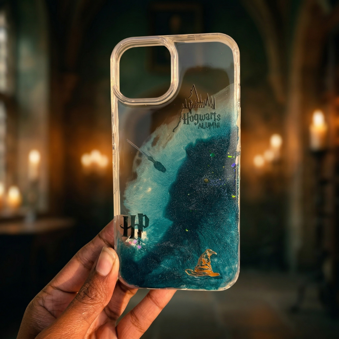 Resin Phone Case | Harry Potter Hogwarts Alumni | Teal Galaxy Resin with Sorting Hat & Magic Wand Charms | Case 5