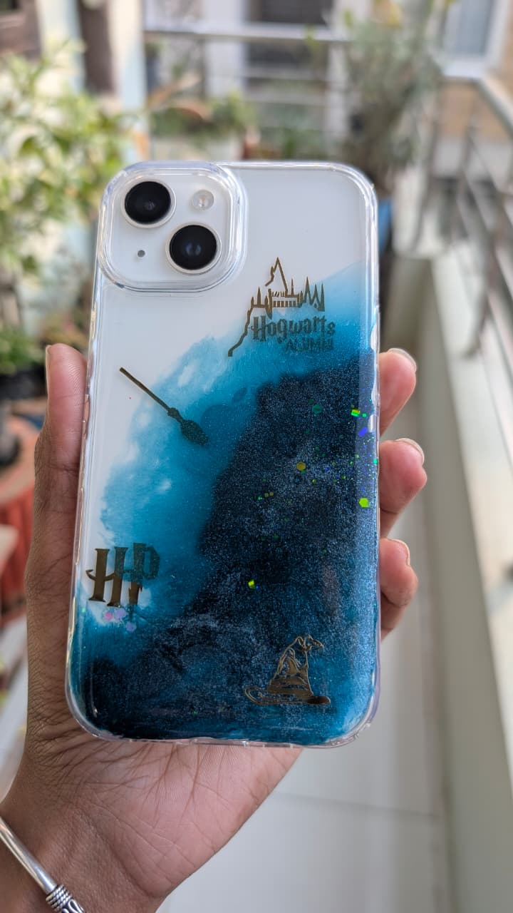 Resin Phone Case | Harry Potter Hogwarts Alumni | Teal Galaxy Resin with Sorting Hat & Magic Wand Charms | Case 5