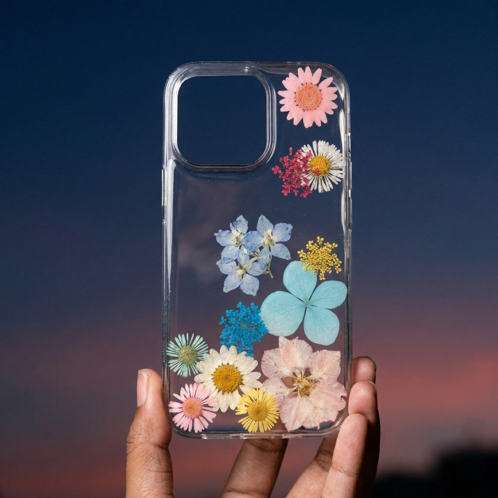 Pressed Flower Phone Case | Rainbow Mixed Flowers with Teal Hydrangea & Blue Baby's Breath in Resin | Right Bloom | Case 6