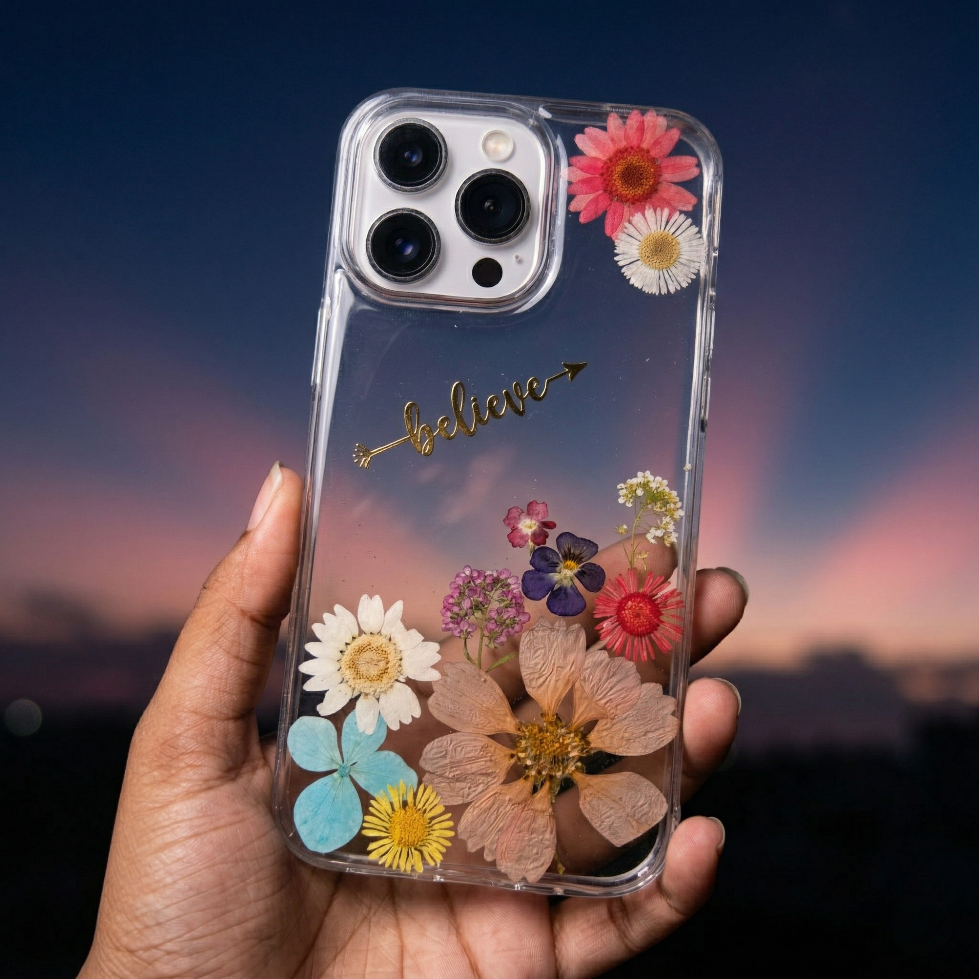 Pressed Flower Phone Case | Multicolor Mixed Flowers with Gold "Believe" Charm in Resin | Right Bloom | Case 7