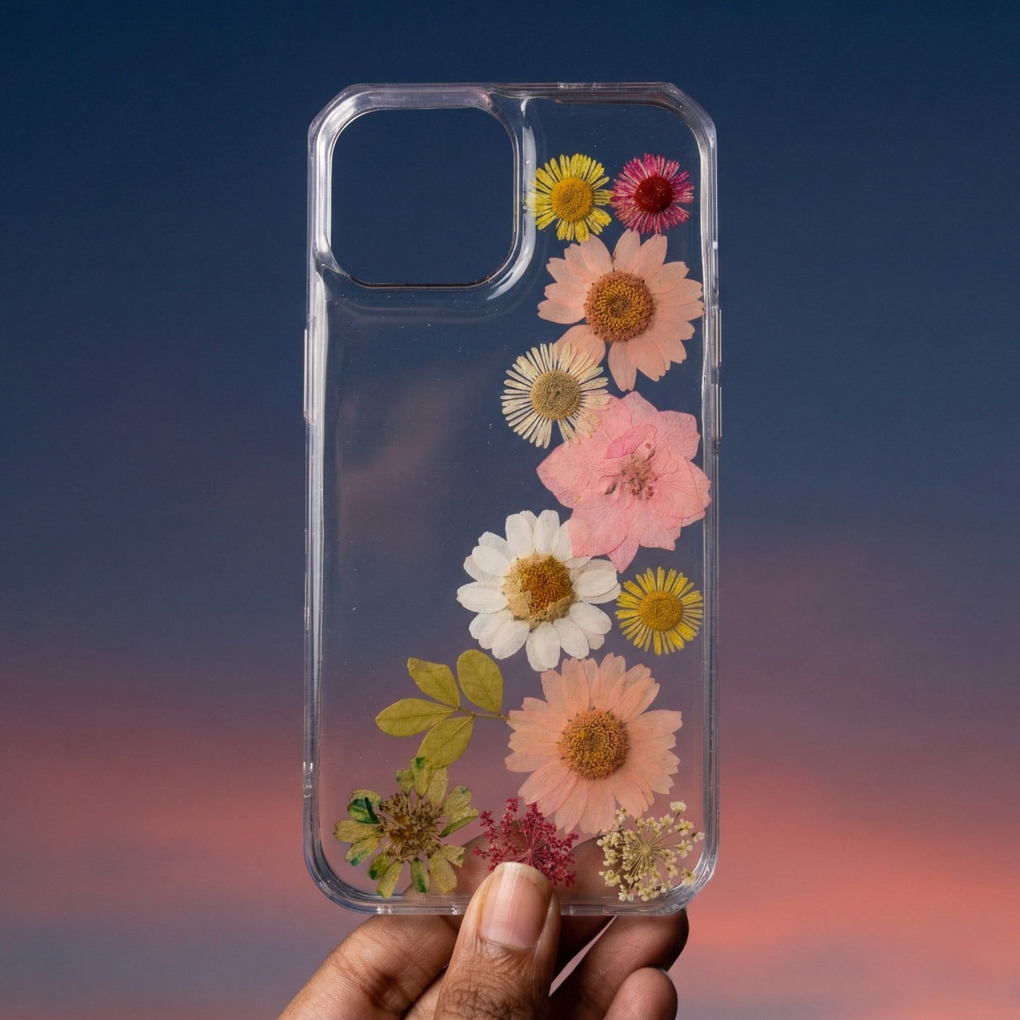 Pressed Flower Phone Case | Pink, Yellow & White Daisies with Botanical Leaves in Resin | Right Bloom | Case 8
