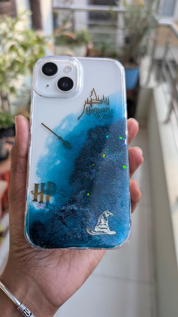 Resin Phone Case | Harry Potter Hogwarts Alumni | Teal Galaxy Resin with Sorting Hat & Magic Wand Charms | Case 5