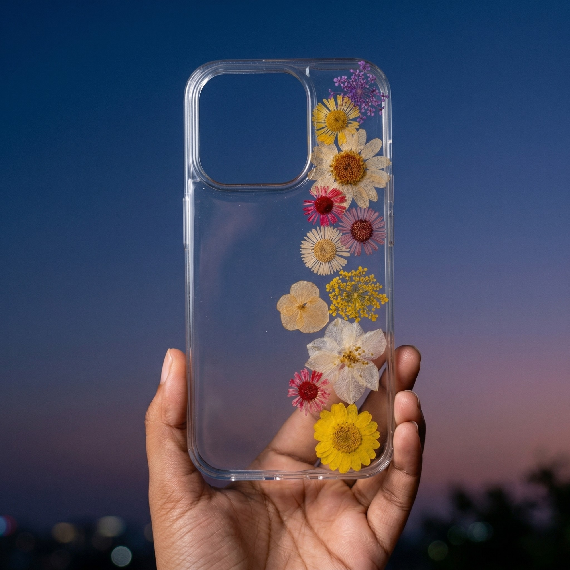 Pressed Flower Phone Case | Yellow, White & Red Mixed Flowers with Purple Baby's Breath in Resin | Straight Bloom | Case 9