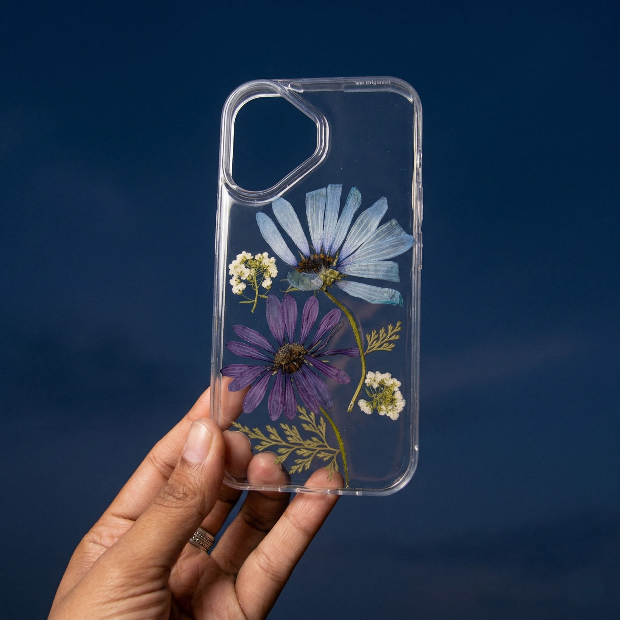 Pressed Flower Phone Case | Blue & Purple Daisies with Dried Ferns in Resin | Centre Bloom | Case 3