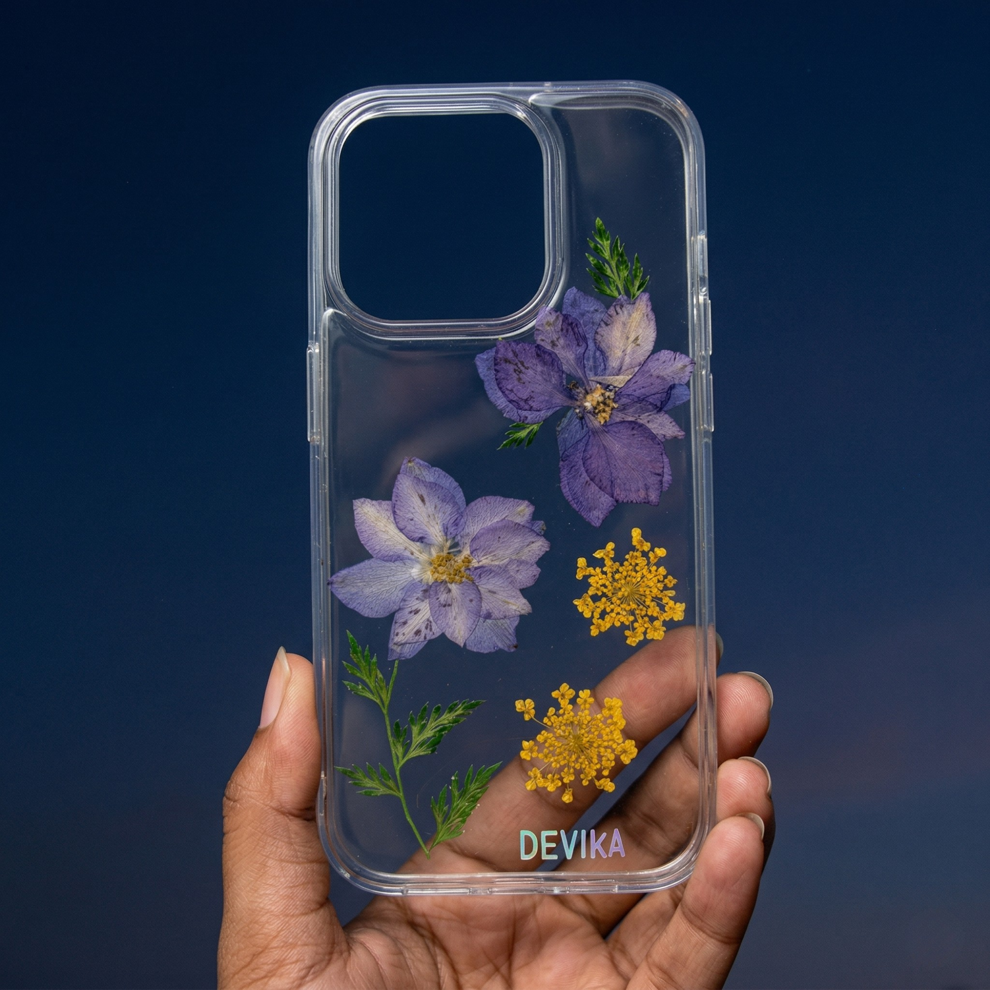 Pressed Flower Phone Case | Purple Clematis & Yellow Baby's Breath with Green Ferns in Resin | Centre Bloom | Case 6