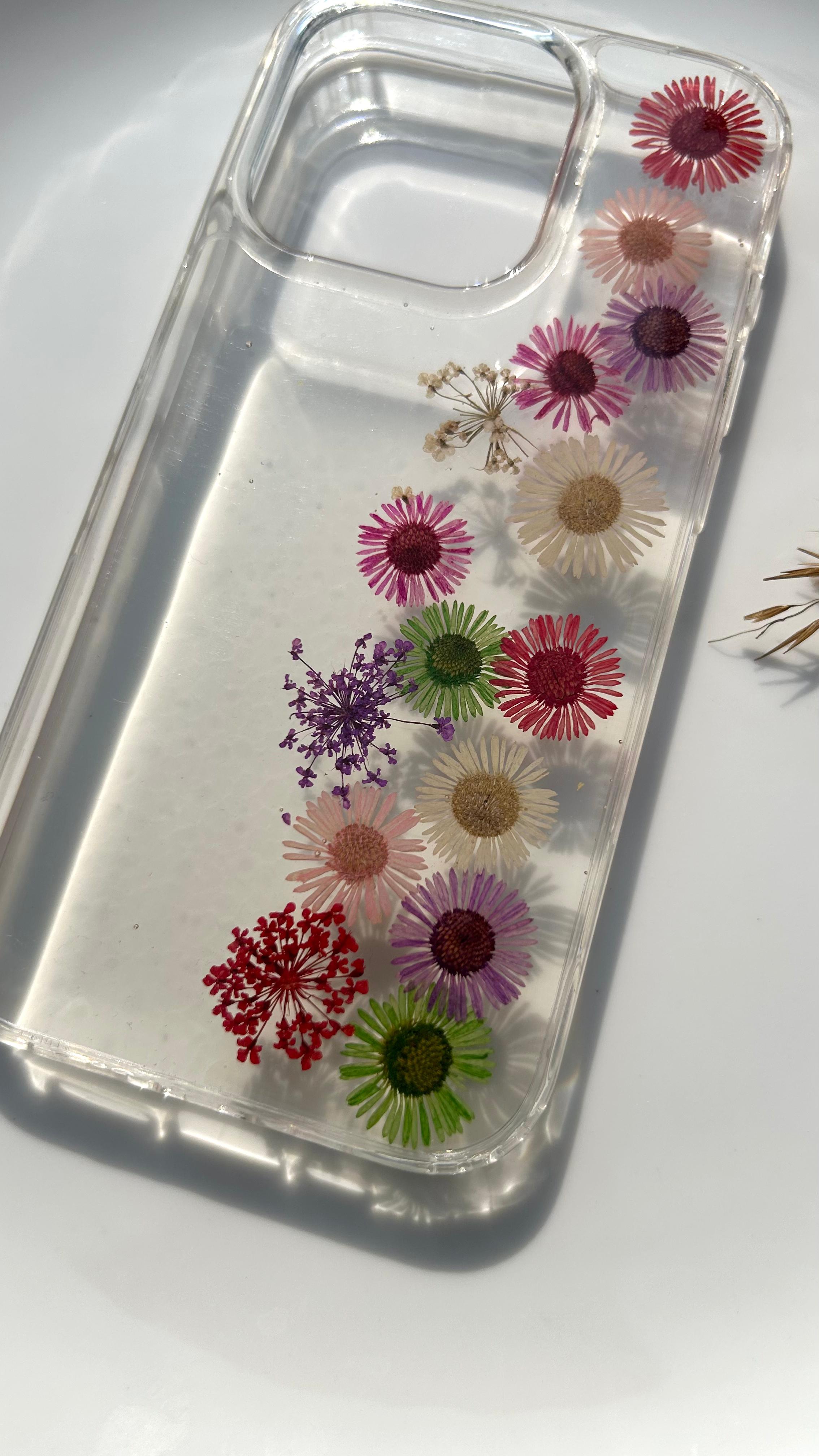 Pressed Flower Phone Case | Rainbow Asters in a Full Length Straight Bloom with Baby's Breath in Resin | Straight Bloom | Case 10