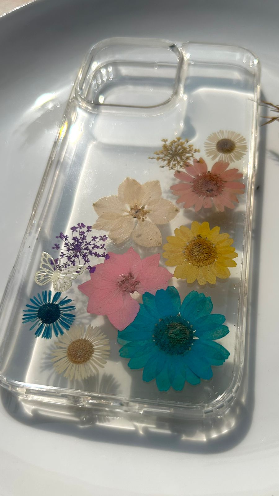 Pressed Flower Phone Case | Teal, Yellow & Pink Mixed Flowers with Silver Butterfly Charm in Resin | Right Bloom | Case 21