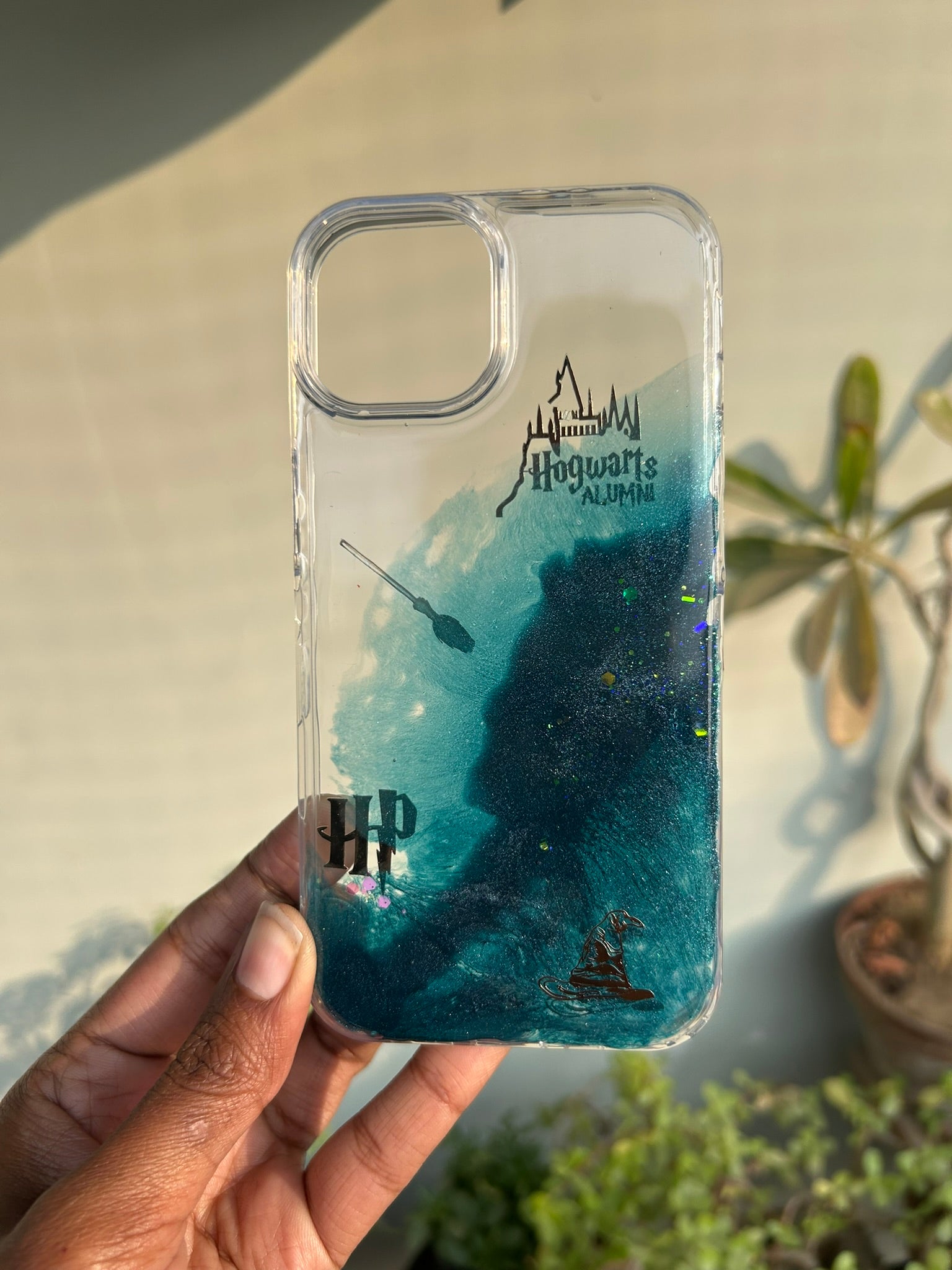 Resin Phone Case | Harry Potter Hogwarts Alumni | Teal Galaxy Resin with Sorting Hat & Magic Wand Charms | Case 5
