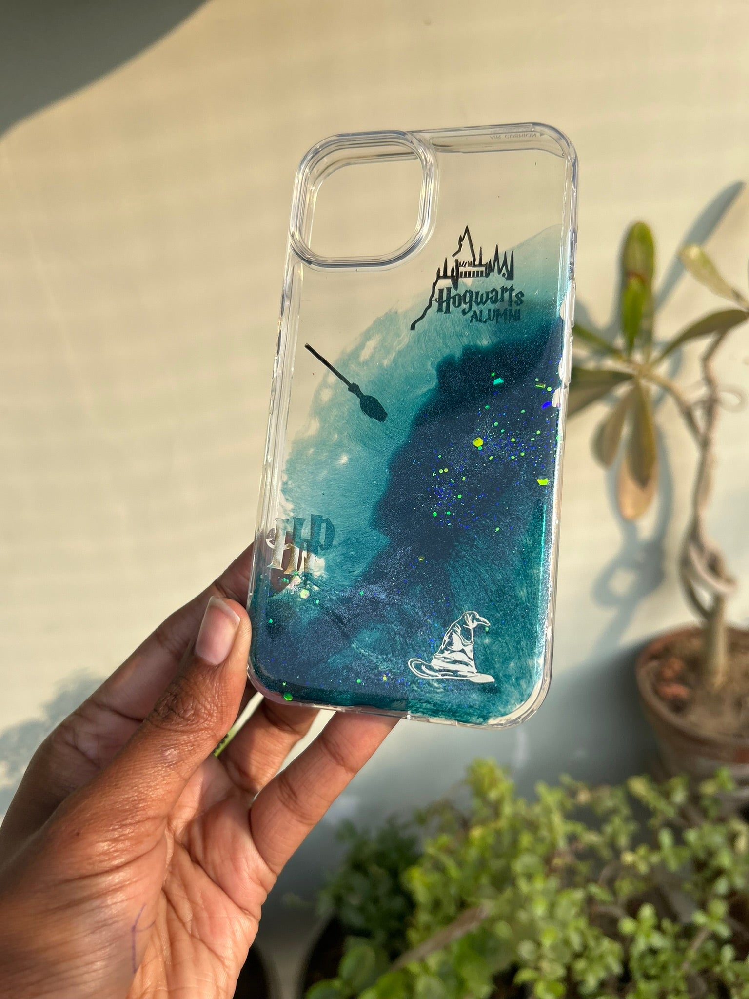 Resin Phone Case | Harry Potter Hogwarts Alumni | Teal Galaxy Resin with Sorting Hat & Magic Wand Charms | Case 5