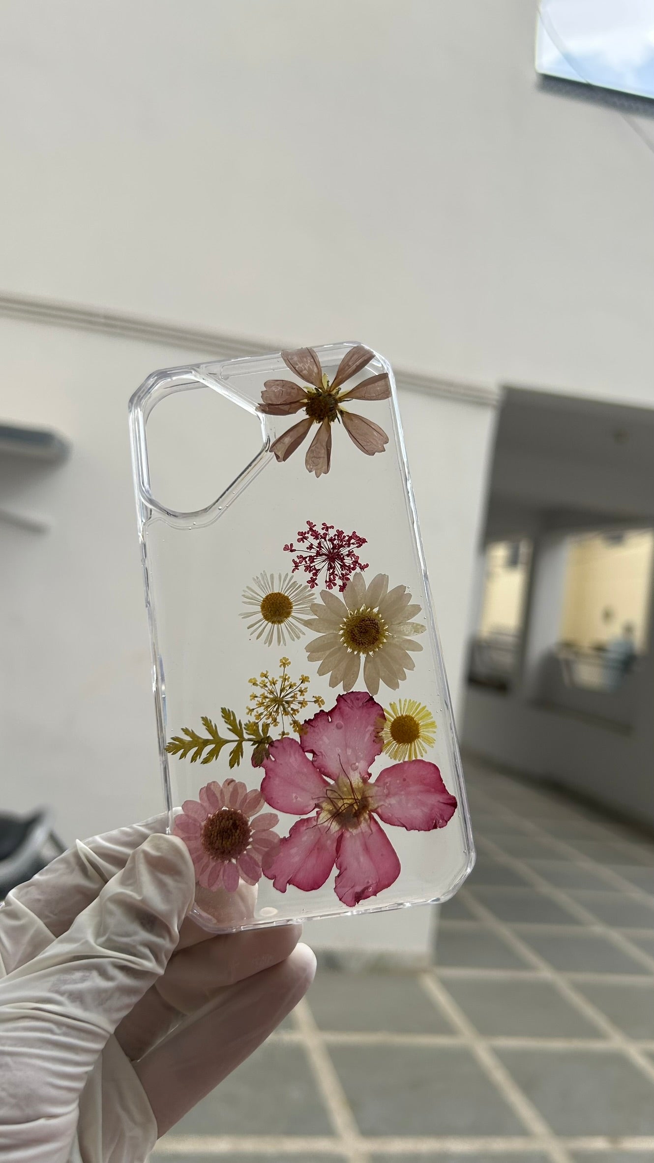 Pressed Flower Phone Case | Peach, Pink & Burgundy Mixed Flowers with Dried Ferns in Resin | Right Bloom | Case 1