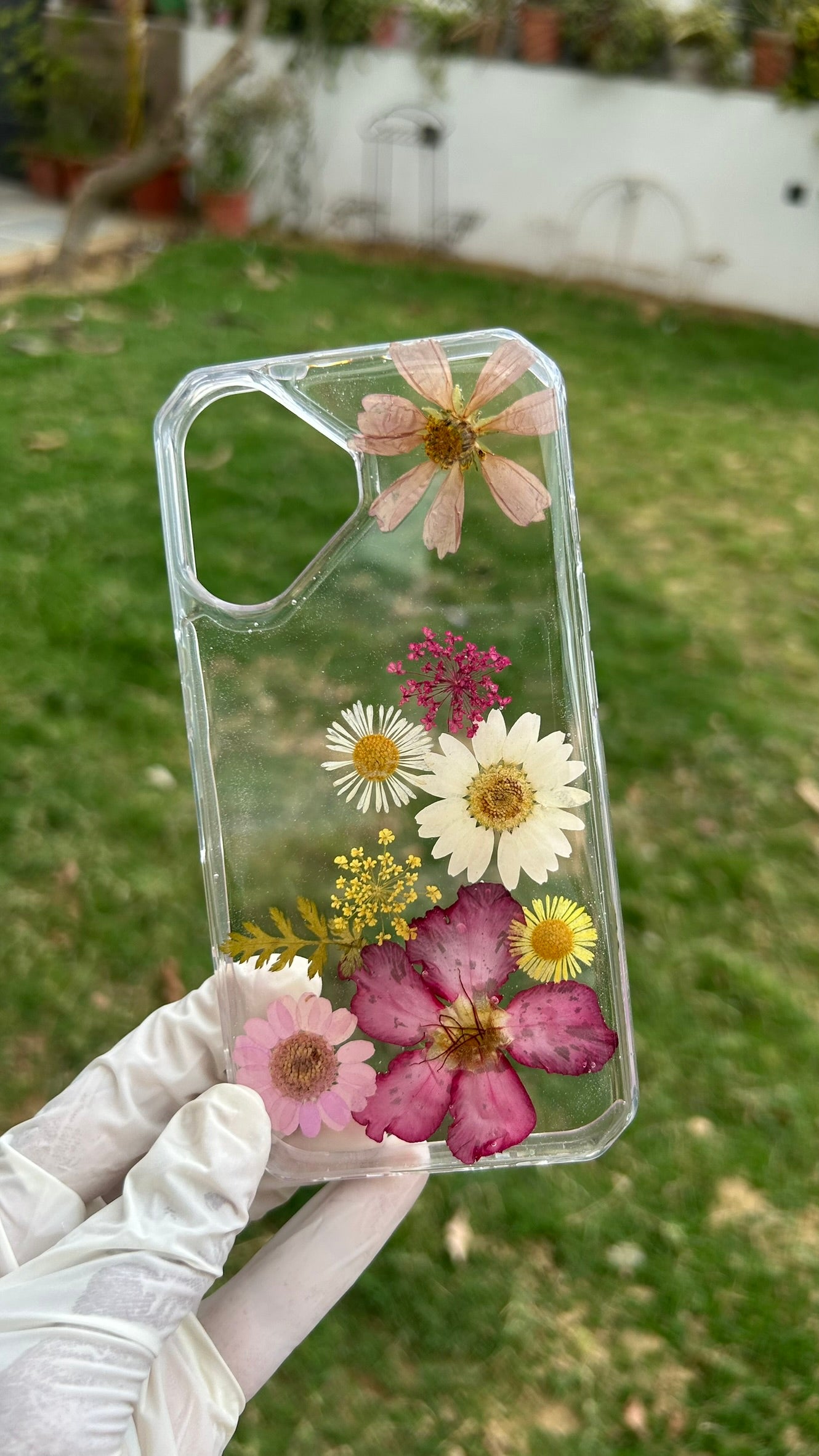 Pressed Flower Phone Case | Peach, Pink & Burgundy Mixed Flowers with Dried Ferns in Resin | Right Bloom | Case 1