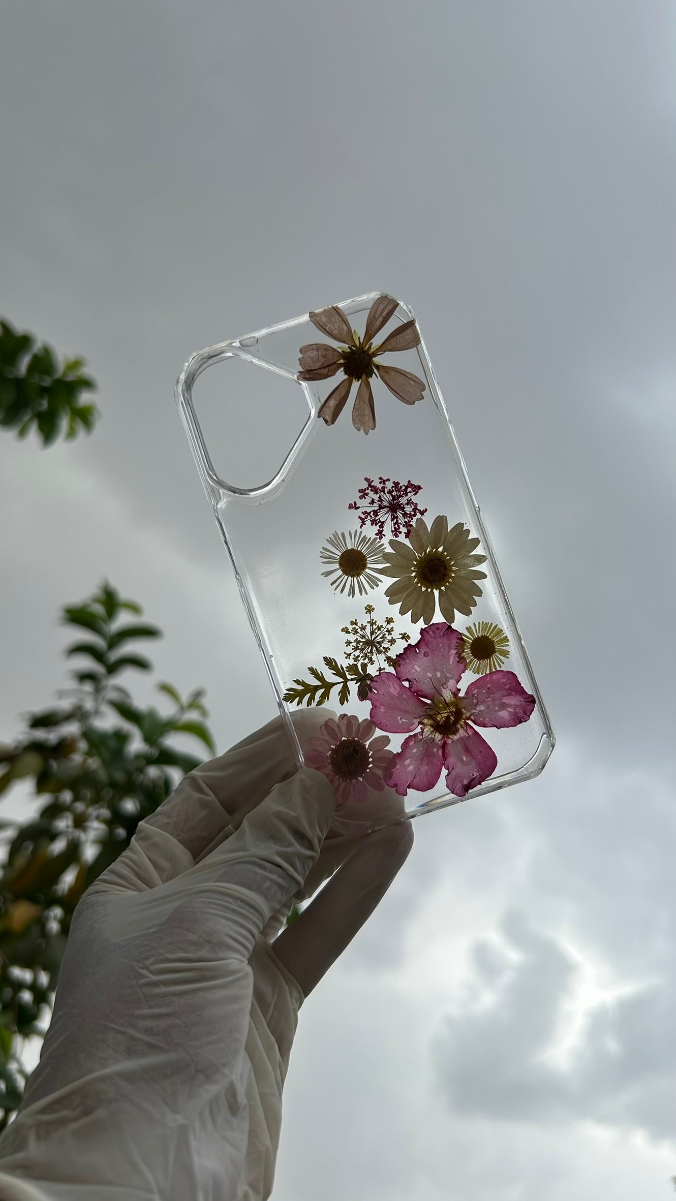 Pressed Flower Phone Case | Peach, Pink & Burgundy Mixed Flowers with Dried Ferns in Resin | Right Bloom | Case 1