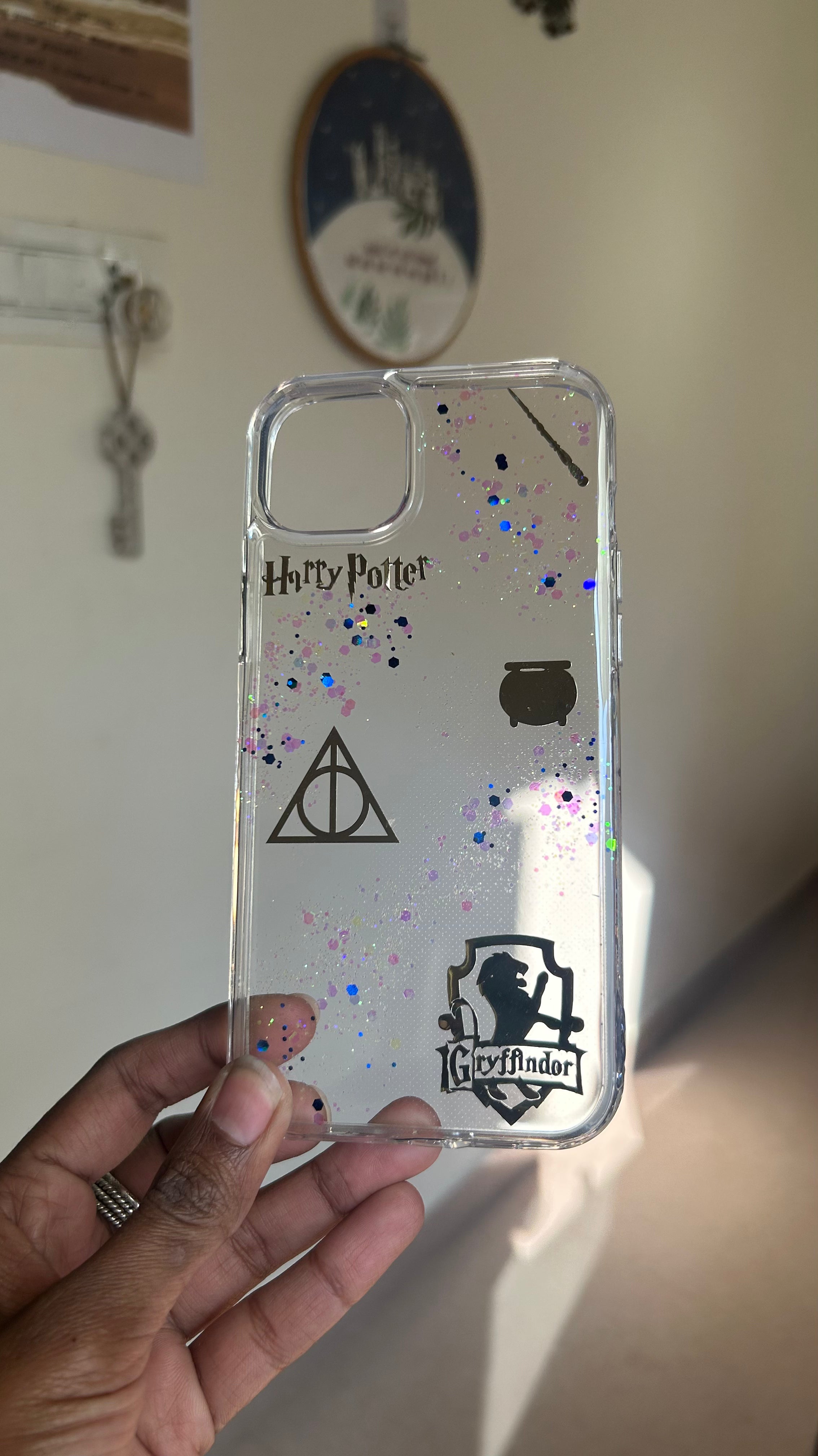 Pressed Flower Phone Case | Harry Potter Gryffindor | Deathly Hallows & Gold Wizard Charms with Holographic Glitter in Resin | Case 4