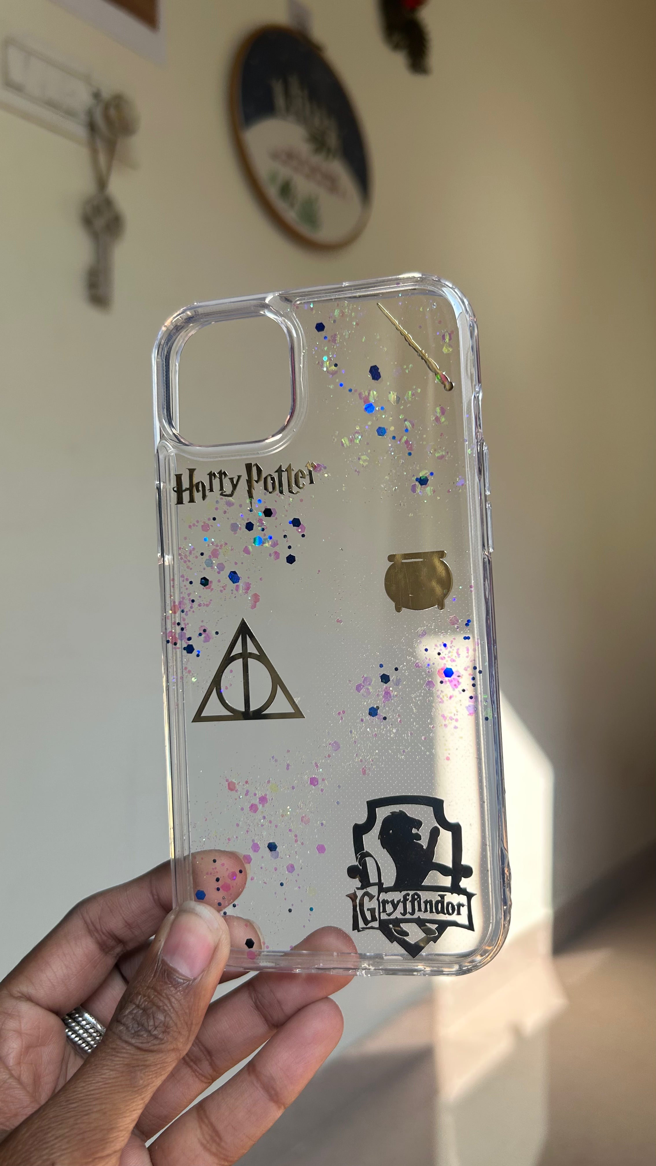 Pressed Flower Phone Case | Harry Potter Gryffindor | Deathly Hallows & Gold Wizard Charms with Holographic Glitter in Resin | Case 4