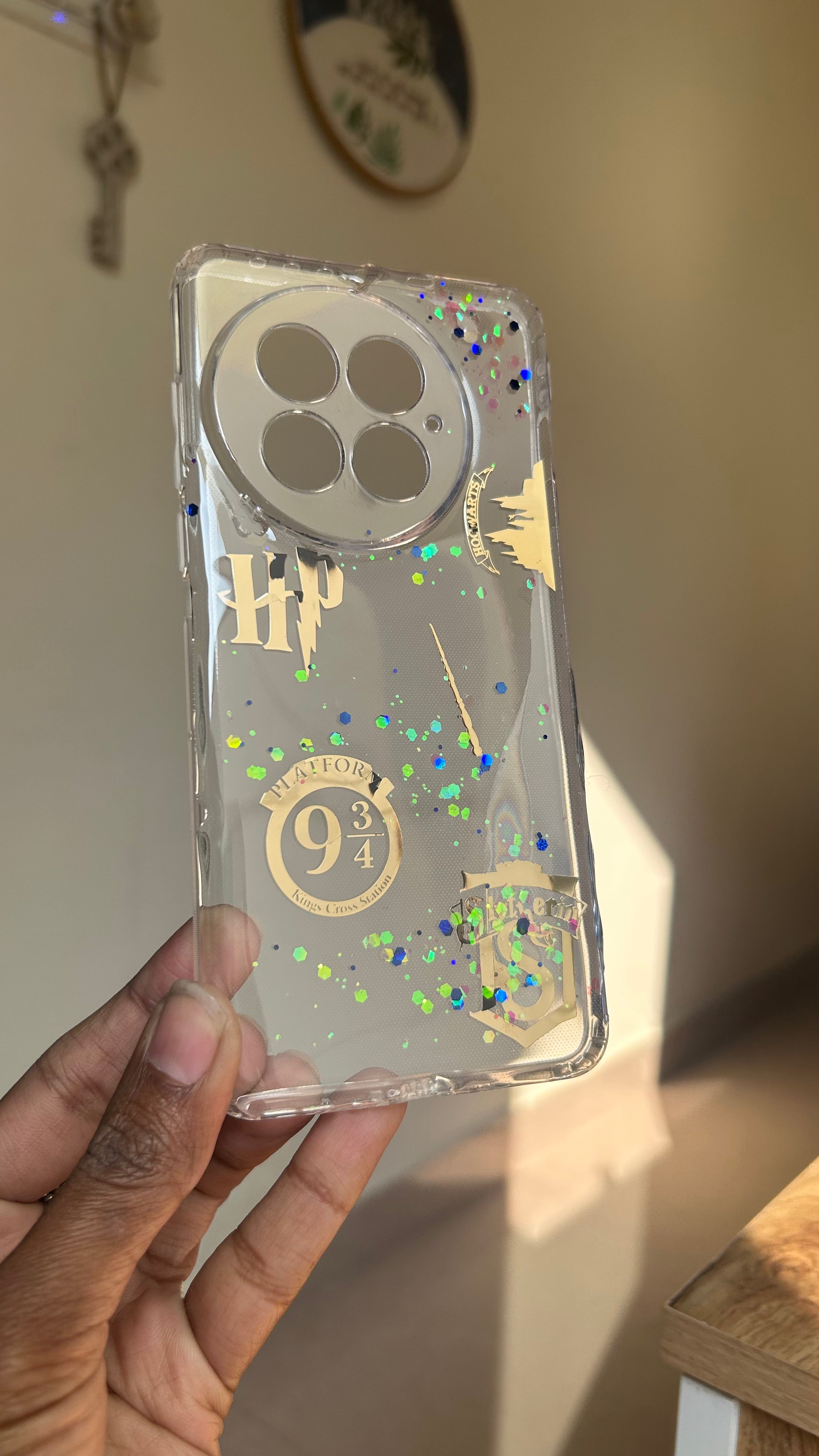 Pressed Flower Phone Case | Harry Potter Slytherin | Platform 9¾ & Gold Wizard Charms with Holographic Glitter in Resin | Case 3