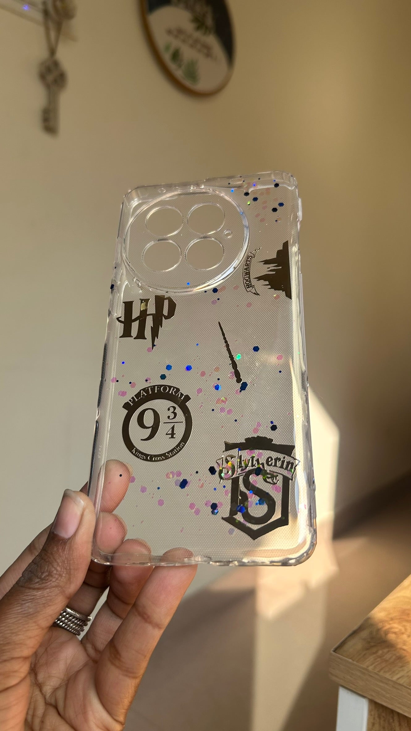 Pressed Flower Phone Case | Harry Potter Slytherin | Platform 9¾ & Gold Wizard Charms with Holographic Glitter in Resin | Case 3