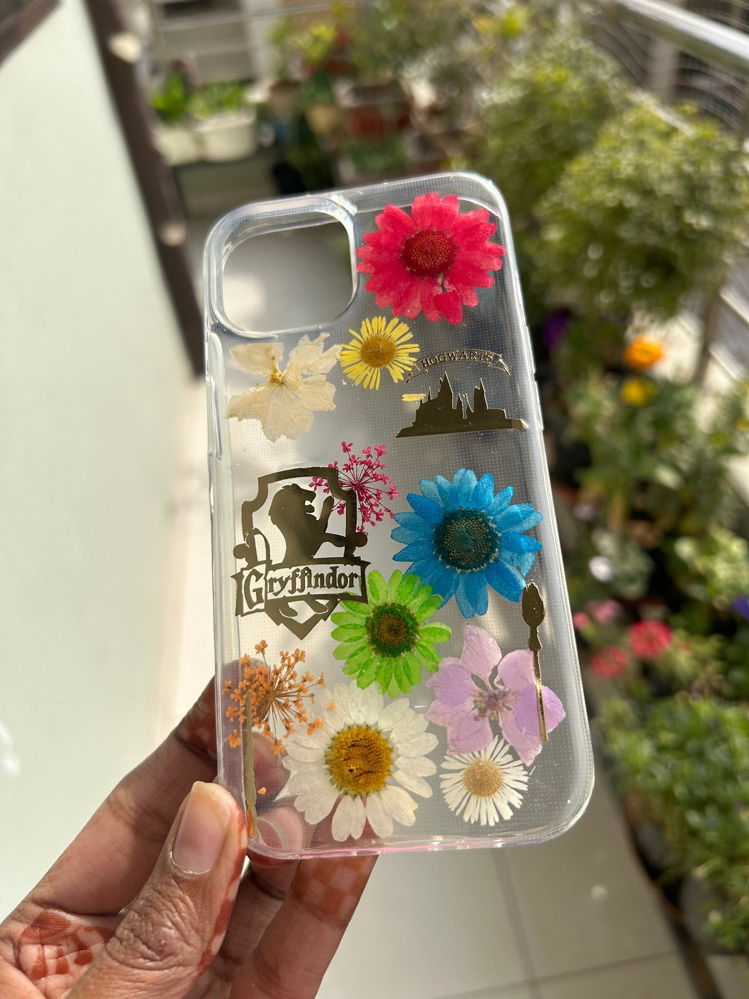 Pressed Flower Phone Case | Harry Potter Gryffindor | Rainbow Mixed Flowers with Gold Hogwarts Charm in Resin | Case 2