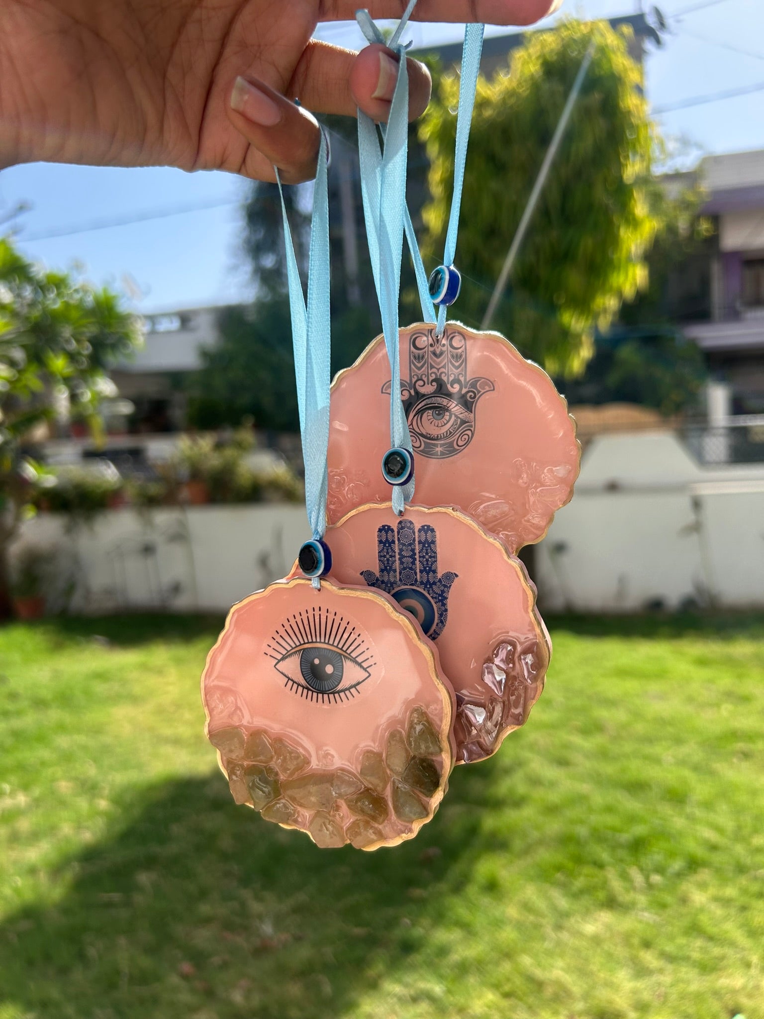 BloomDrop Car Hanging - Evil Eye | Peach Pink |Green Crystal