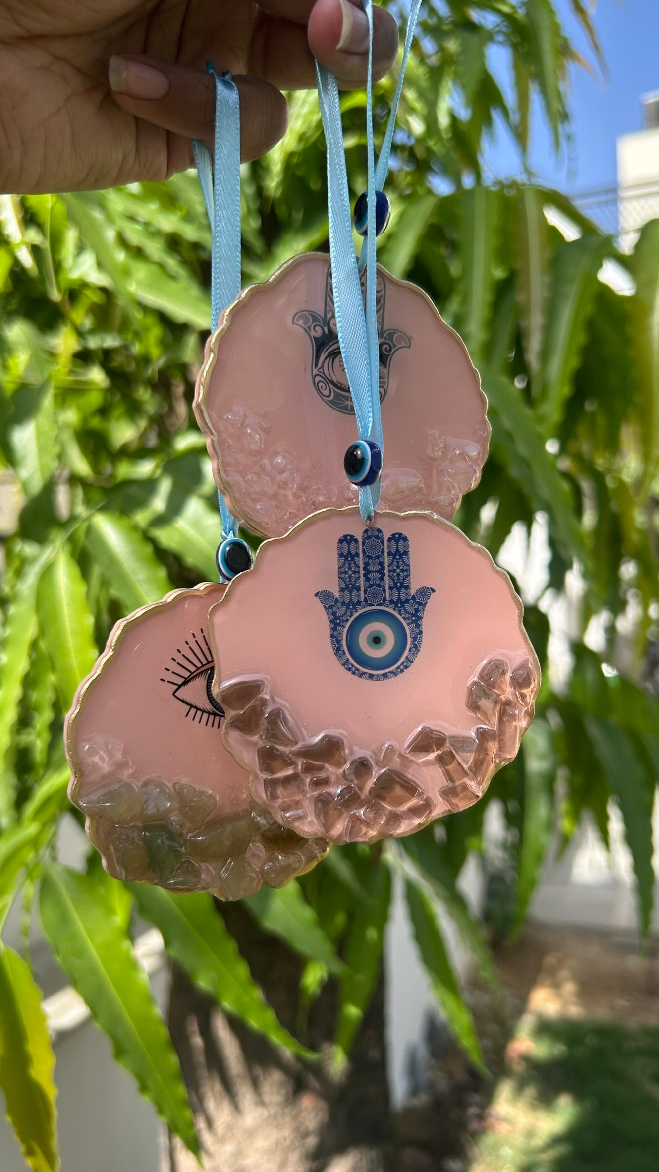 BloomDrop Car Hanging - Evil Eye | Peach Pink | Black Crystal
