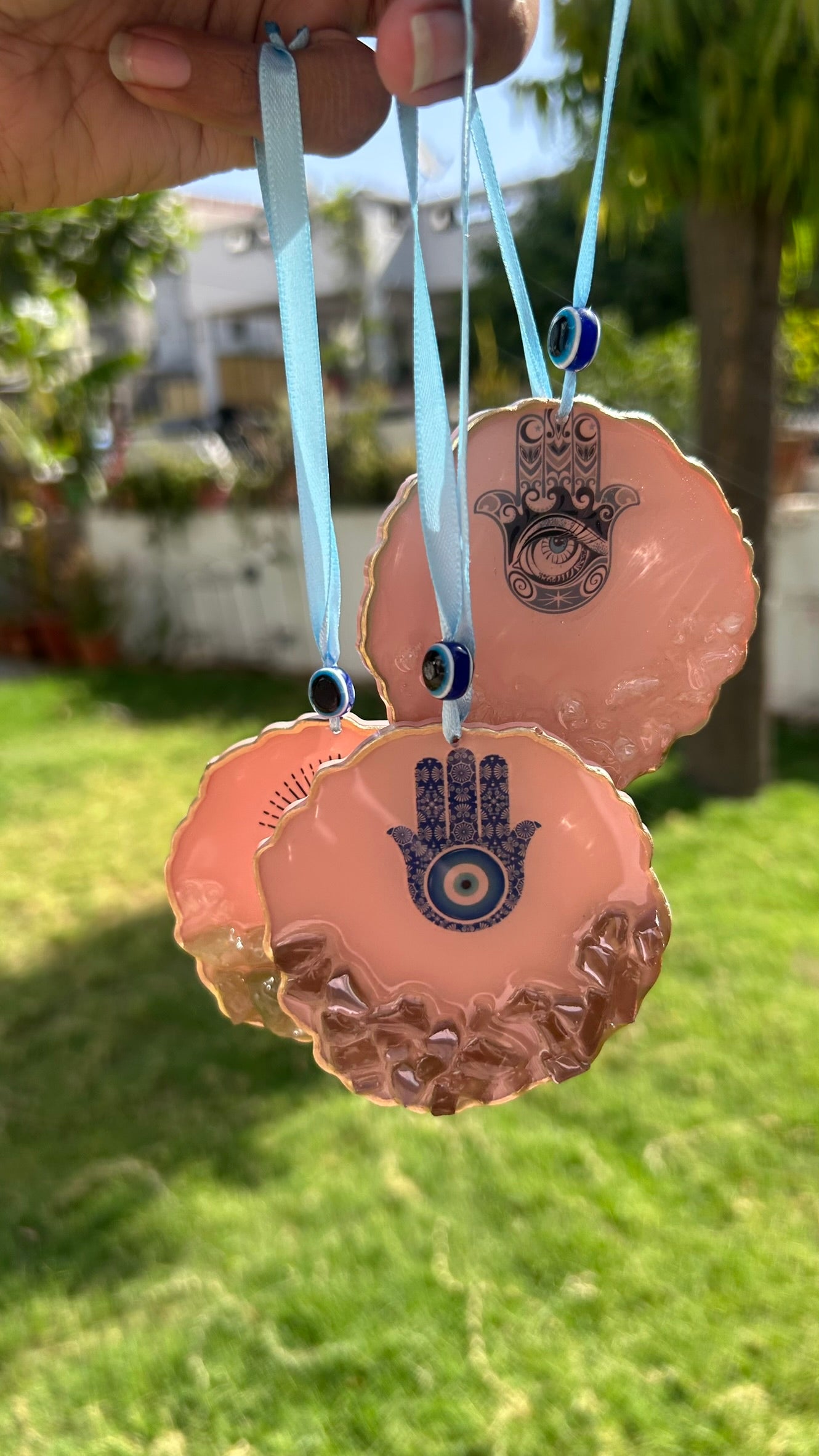 BloomDrop Car Hanging - Evil Eye | Peach Pink | Black Crystal