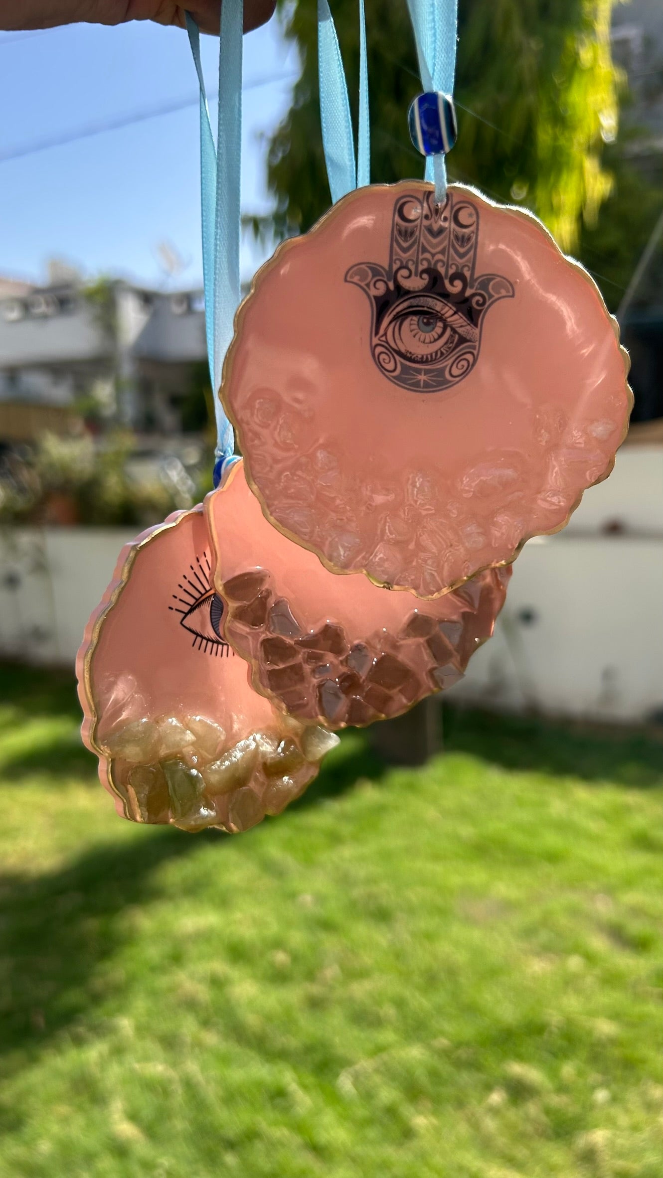 BloomDrop Car Hanging - Evil Eye | Peach Pink | White Crystal